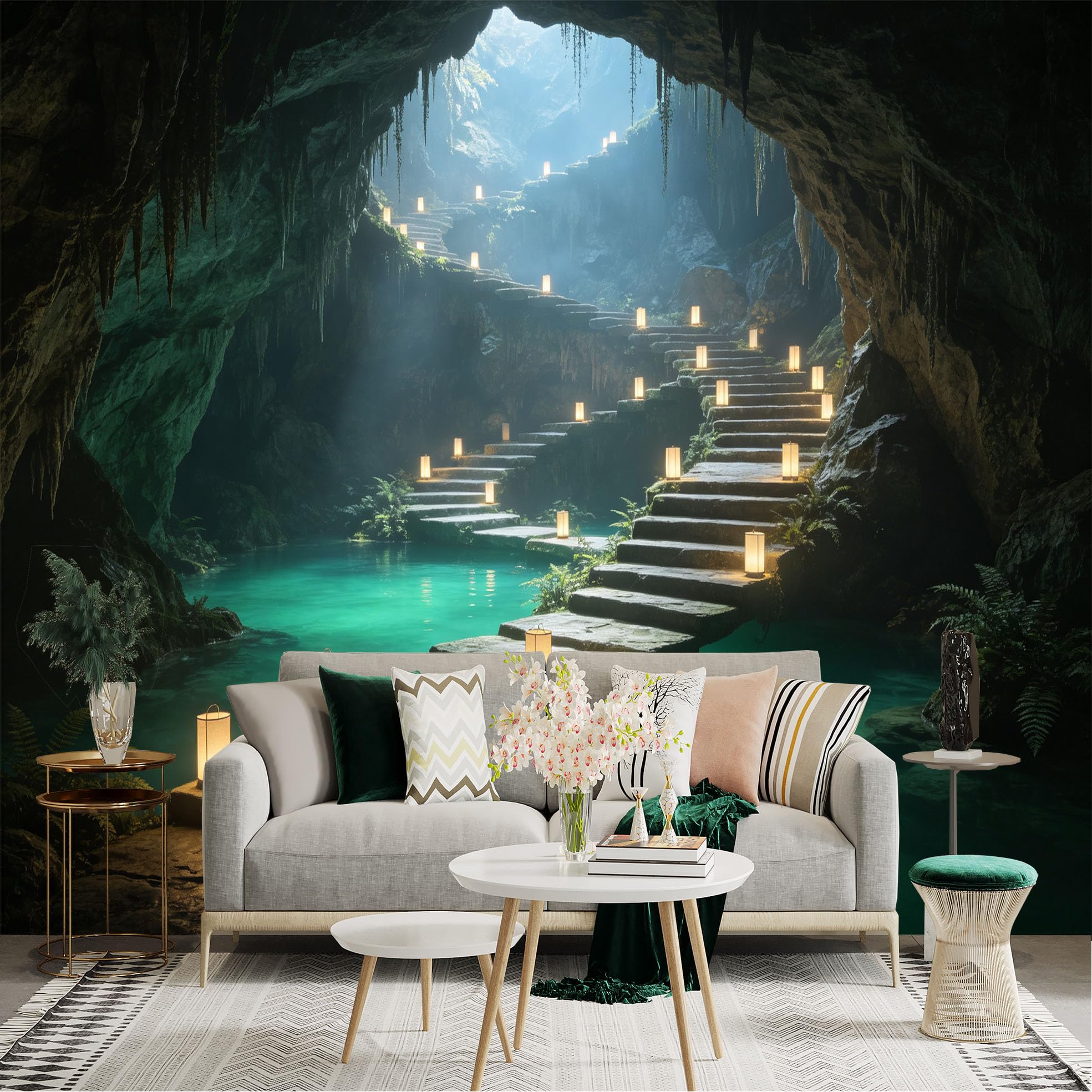 Custom Size Wall Sticker Mural， Enchanted Stone Staircase in Glowing Hidden Cave， Serene Underground Pond， Mystical Nature Landscape， for wall Decoration， peelandstick wall Decals.