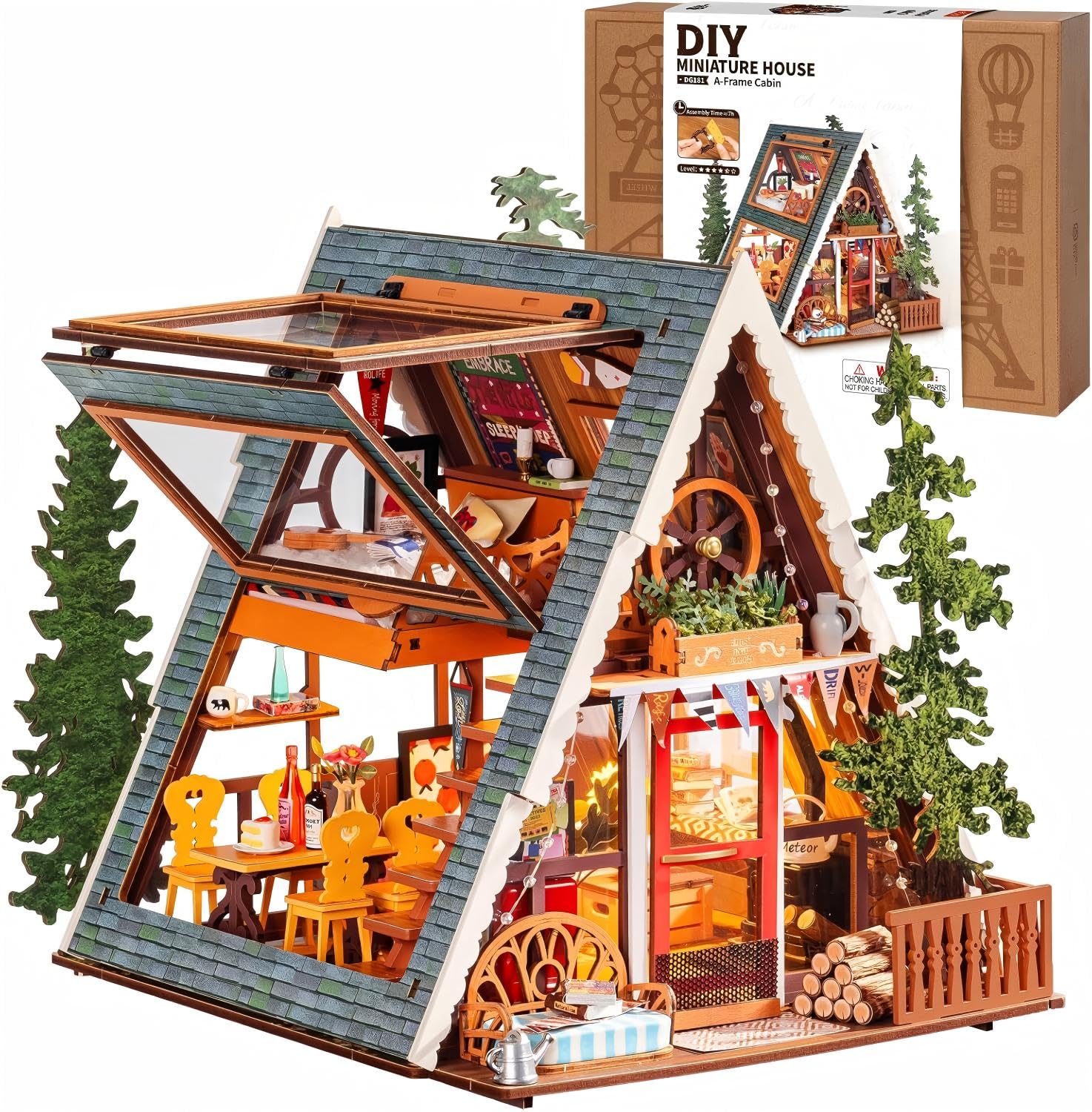 ROBOTIME A-Frame Cabin Miniaturhaus zum Selberbauen für Erwachsene | Mittelstufe, Bausatz mit 336 Teilen, A-Frame-Hütte Holzpuppenhaus, Deko für Schreibtisch und Regal, Geschenk für Bastler