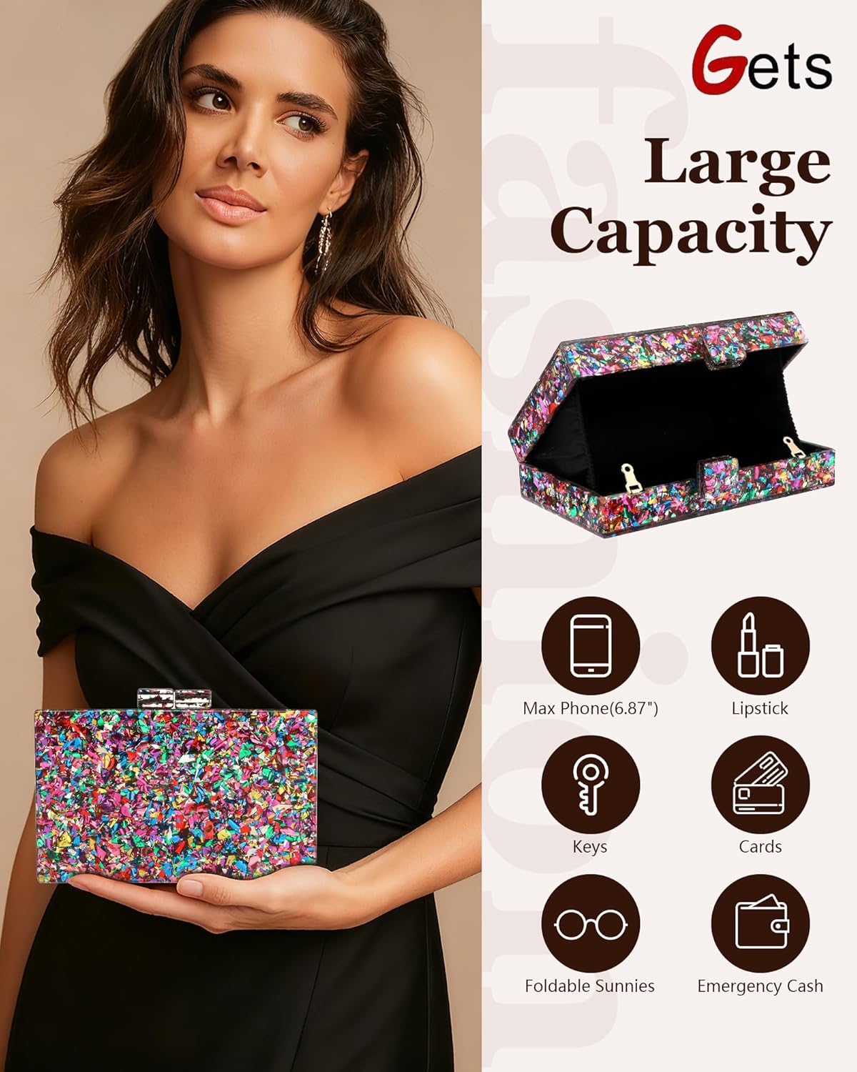 Gets Acrylic Purses and Handbags for Women Multicolor Perspex Geometric Patterns Box Clutch Banquet Evening Crossbody Handbag