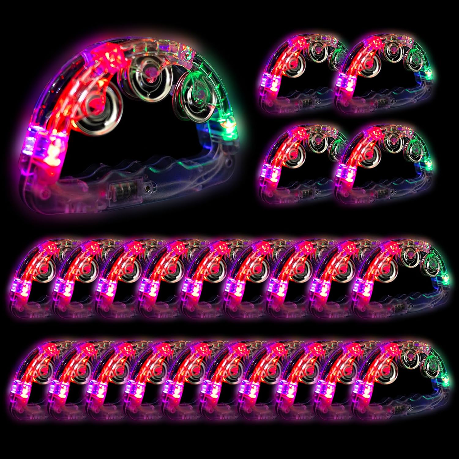 LED Light Up Musical Tambourines: Handheld Music Flashing Tambourine Glow In The Dark Party Supplies - Led Tambourines Percussion Instrument for Adult Bar (White, 24 PCS)