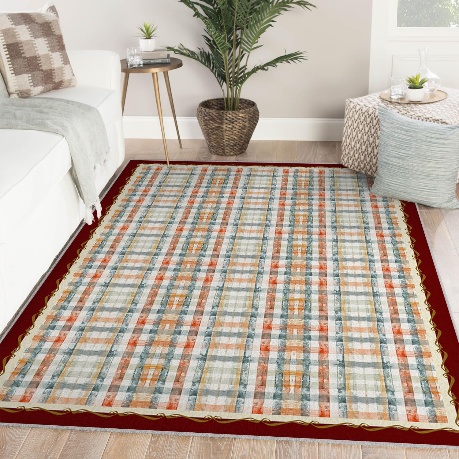 Tapis de chambre lavable résistant aux taches 180x240cm style tartan doux