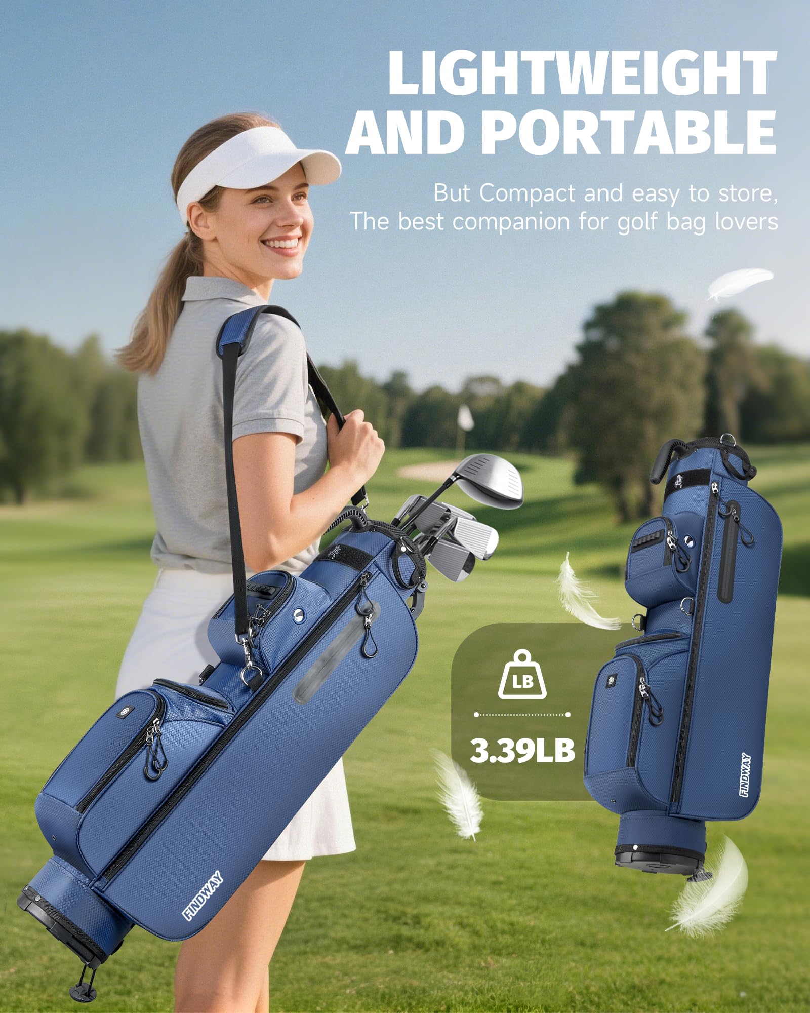 Findway Kleines Golfbag, Leichtes & Tragbares Golf Pencil Bag mit Standfuß, 3-Fach-Unterteilung, Verstellbarer Gepolsterter Trageriemen, 5 Taschen und Tragegriff, für Herren und Damen