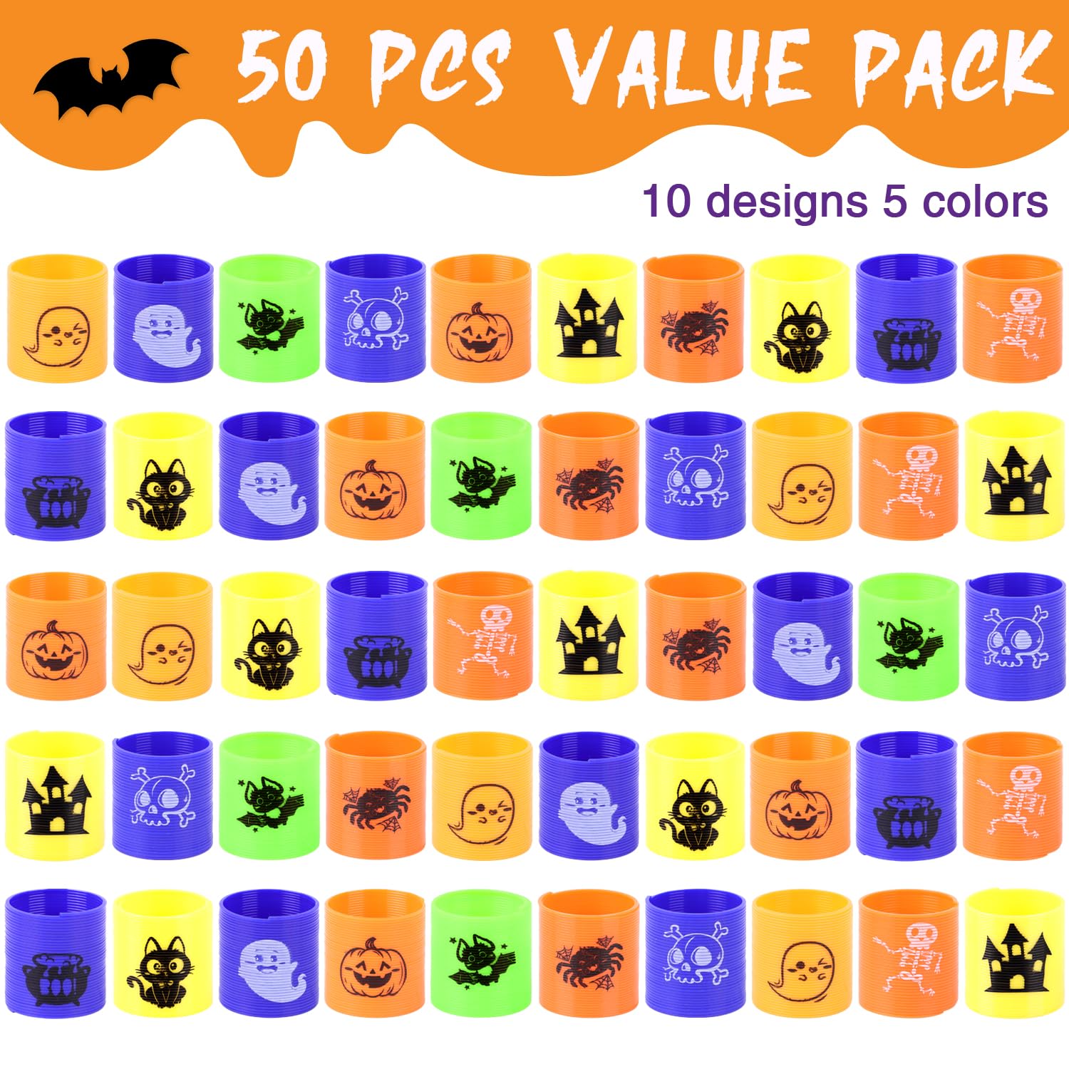 SULOLI 50 PCS Halloween Coil Springs for Kids, Halloween Theme Spring Toys for Halloween Party Goodie Bag Stuffers Treat Bag Gifts