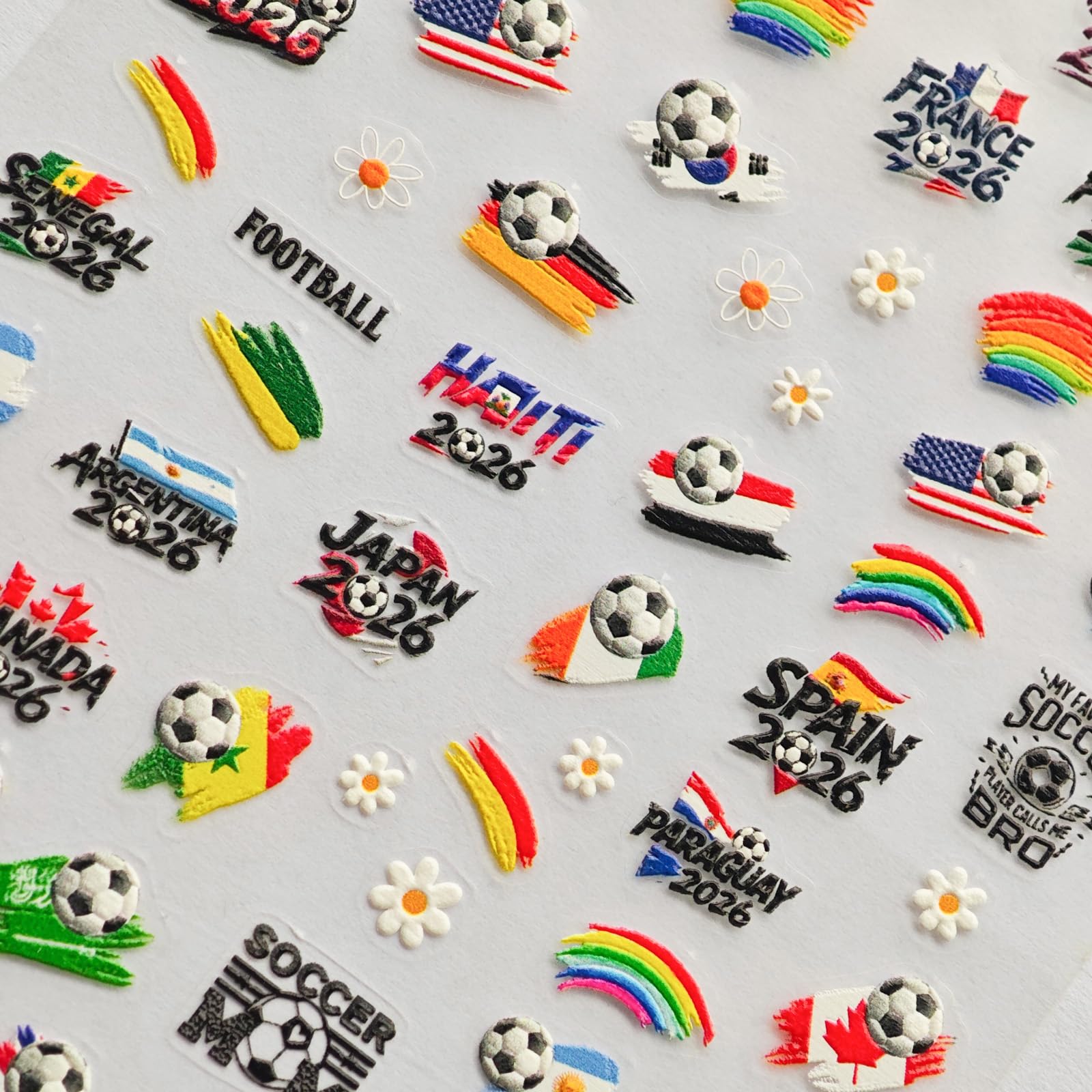 Soccer Nail Stickers World Cup Flag Nail Decals Football Nails Stickers with Rainbow Design 5D Self Adhesive Patriotic Nails Charms Supply for Women DIY Manicure Decoration