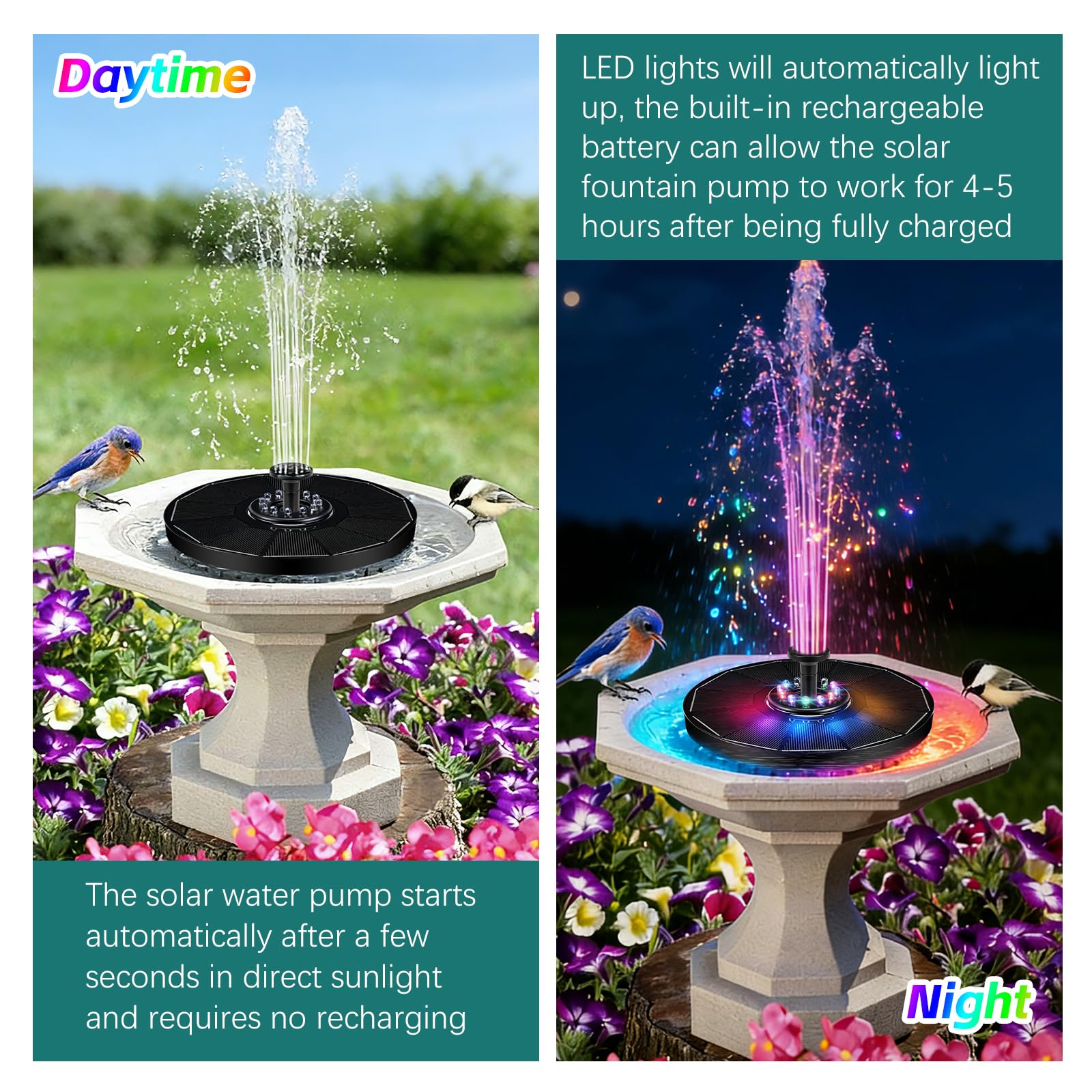 Fuente Solar Jardin Exterior Bomba de Estanque Agua Solar y 8 Boquillas y 12 Leds Colorido para Baño de Pájaros, Estanque para Jardines, Piscinas, Estanques de Peces