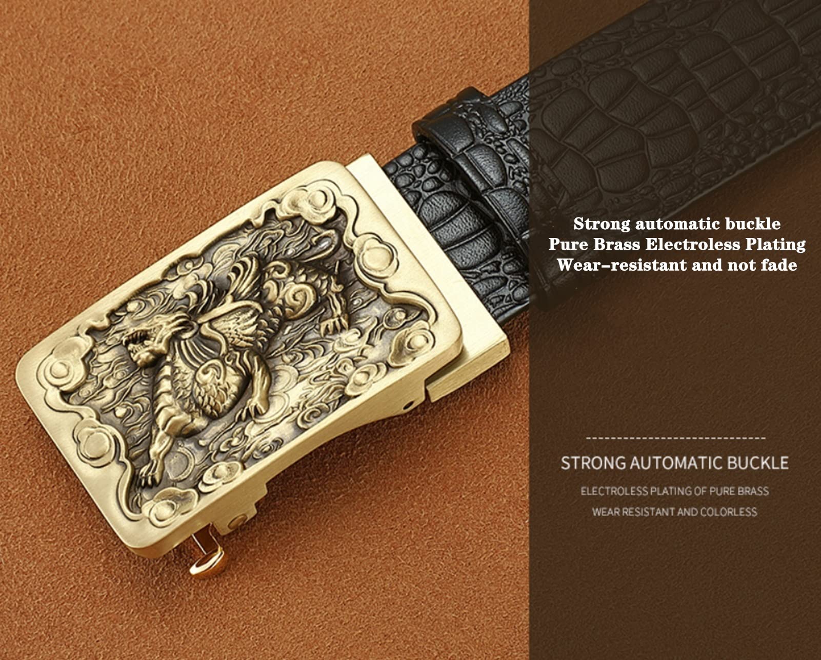 Men's Leather Belt Brave Truppen Kupferschnallen Automatischer Schnallengürtel Männlich Klassische echte Ledergürtel Herrengürtel for lässiges Kleid (Color : Brown, Size : 110cm)