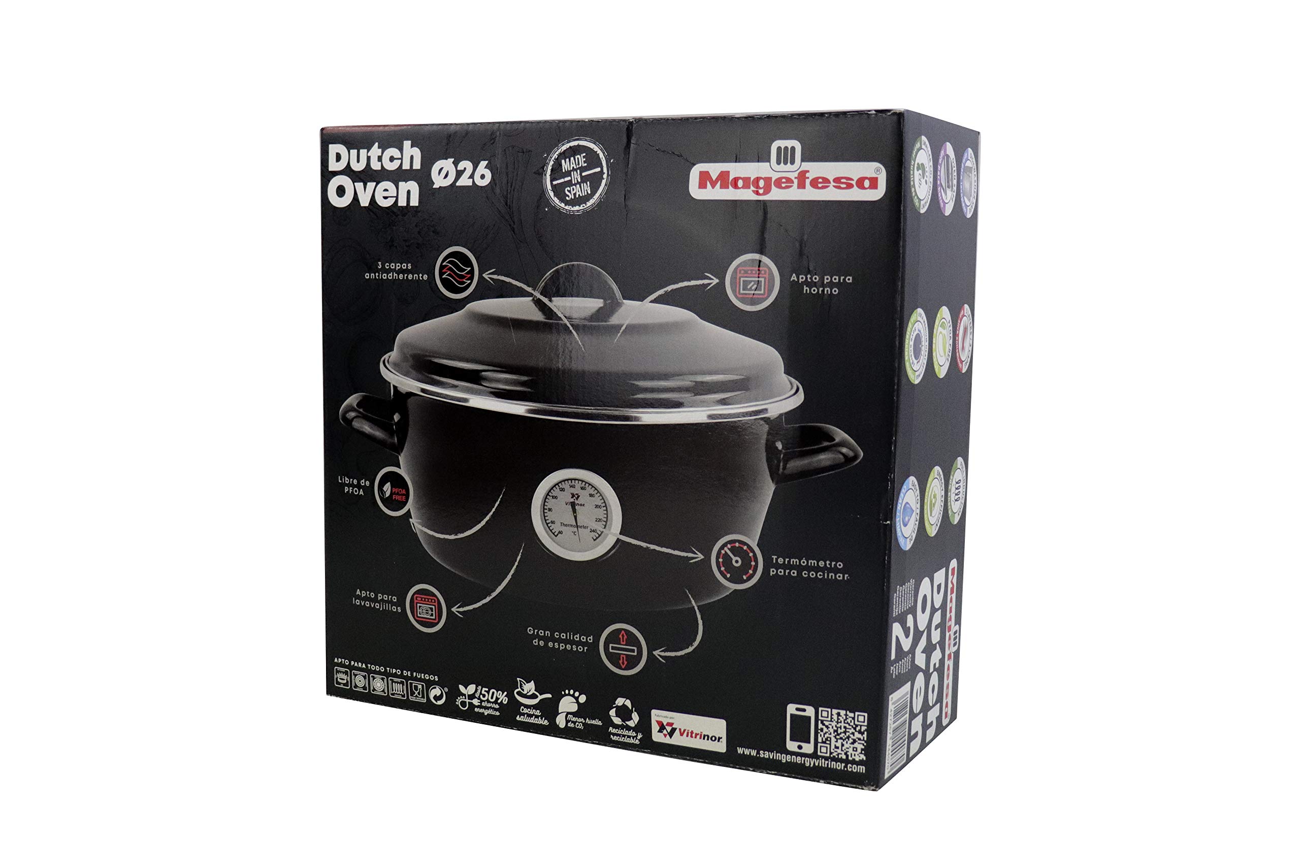 Dutch Oven Magefesa Negro de 26cm. Fabricado en España. Material de acero esmaltado con termómetro incorporado y recubrimiento antiadherente. Herrajes y tapas especiales para horno.