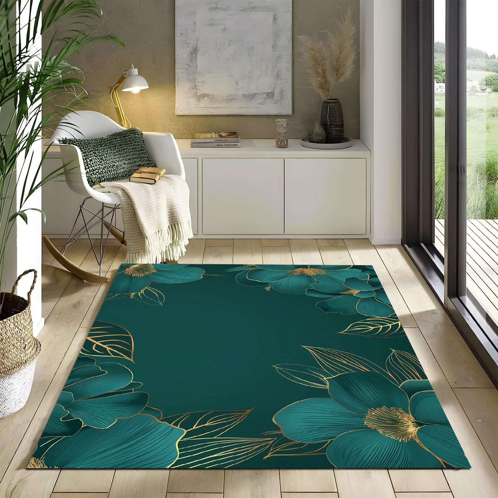 Dywan nadający się do prania w pralce do salonu, sypialni i pokoju dziecięcego, kwiaty i ramy, bardzo miękki i wygodny, antypoślizgowy turkusowy, 180 x 240 cm