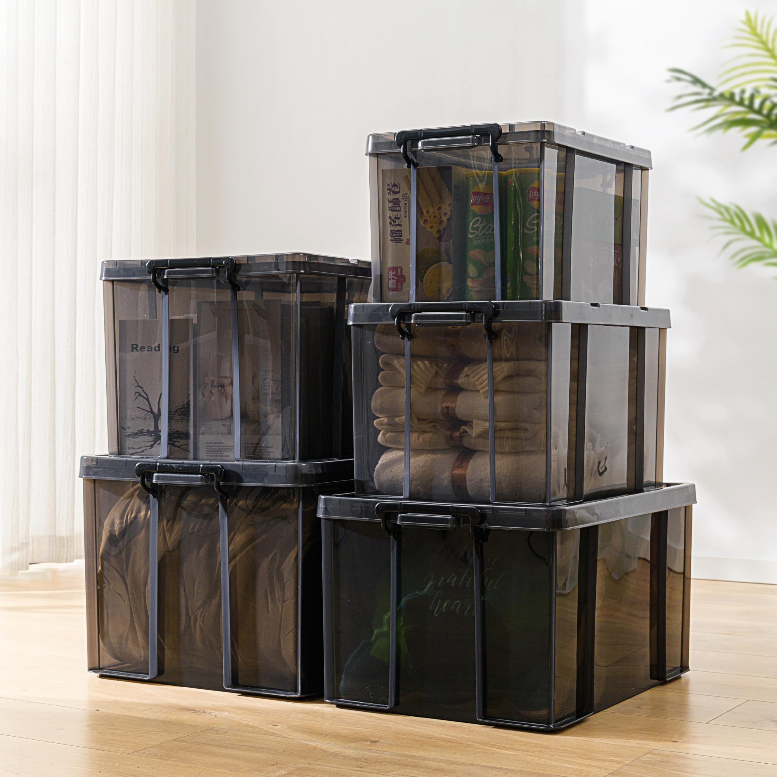 Cetomo 80L*3 Cajas de Almacenamiento, Cubo de Almacenamiento Plástico Apilable con Tapas, Contenedor de Alta Resistencia con Esquinas Reforzadas, Duradero, Negro Transparente, 80L-Conjunto de 3