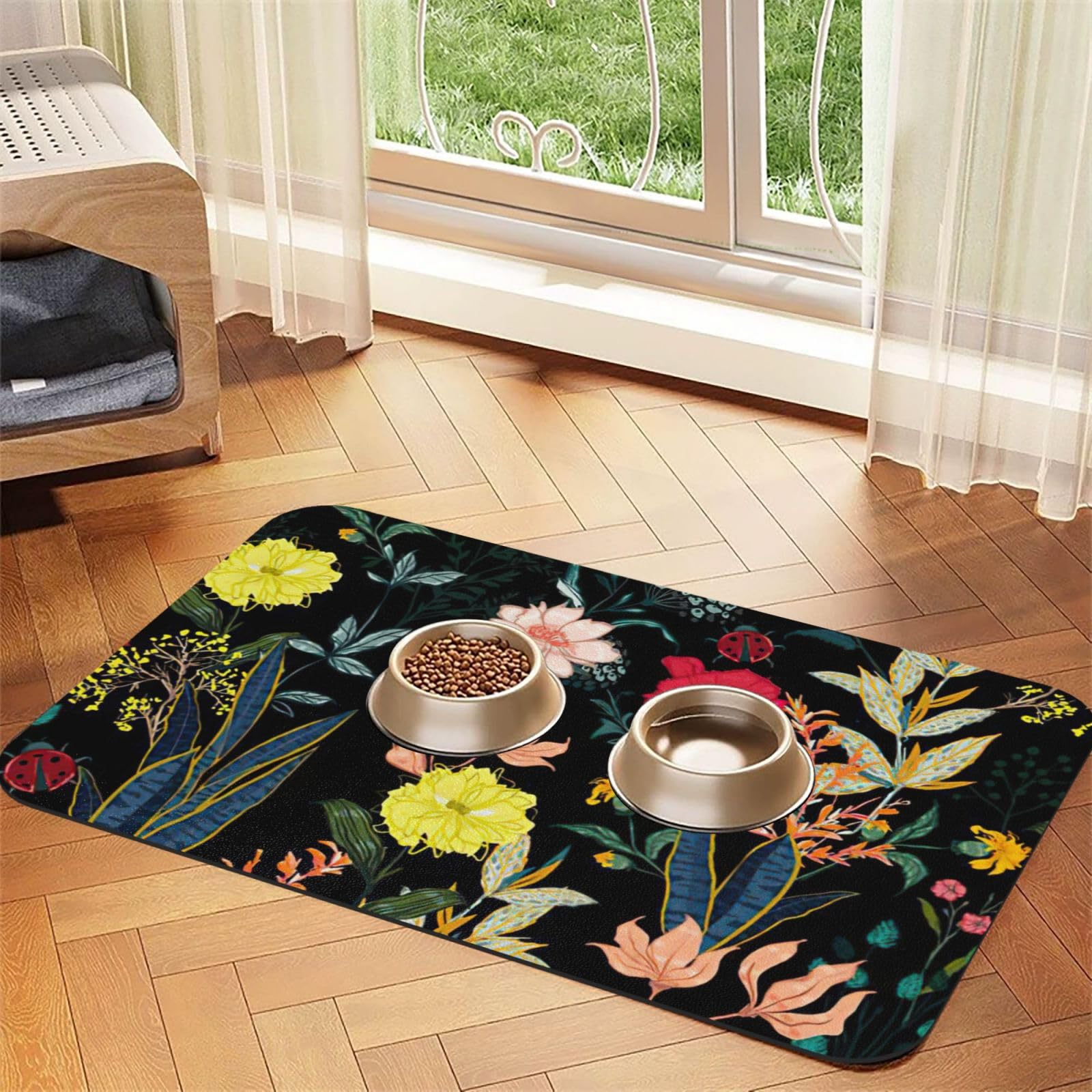 Tapis de nourriture pour chiens et chats en cuir PU imprimé floral bohème antidérapant
