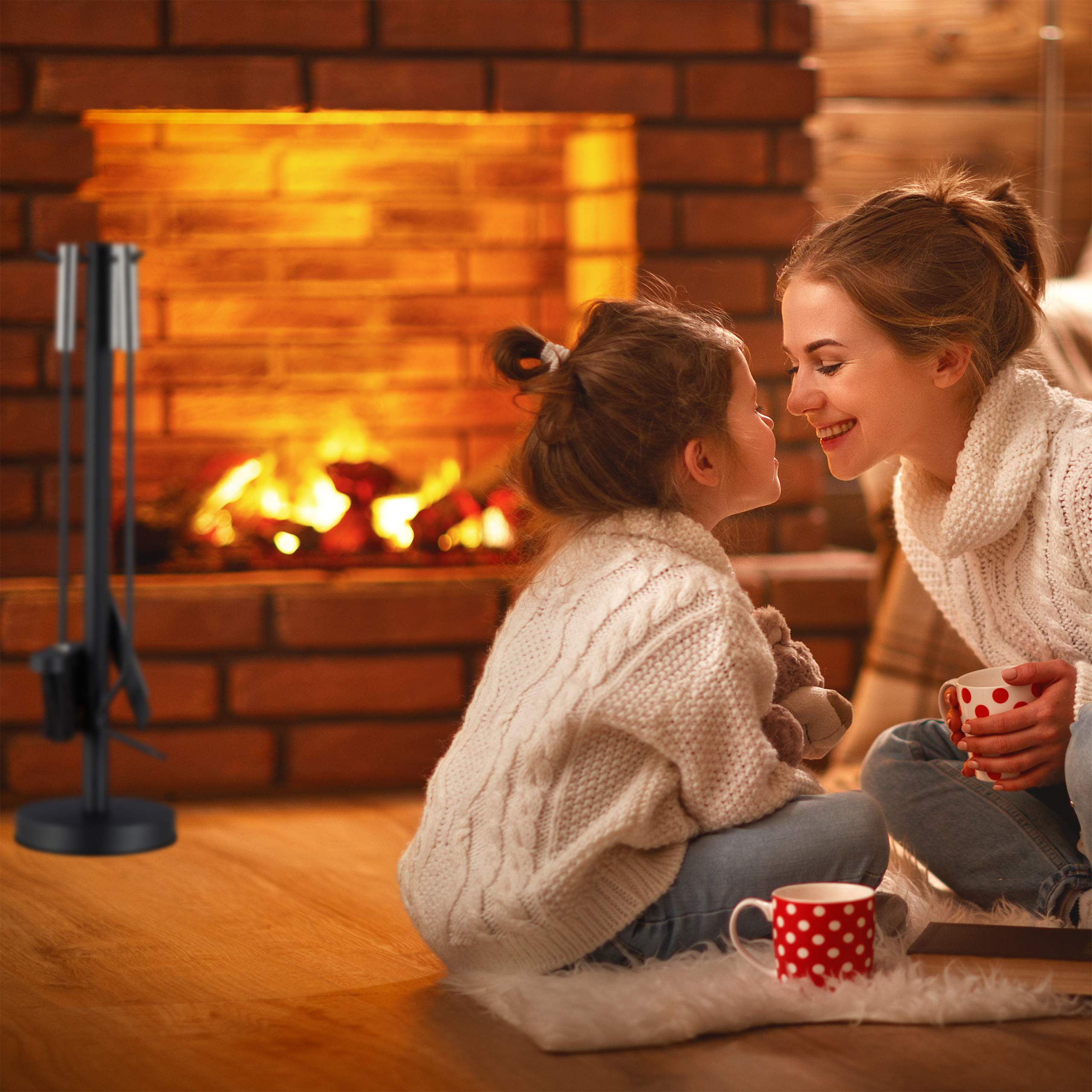 Relaxdays Zestaw kominkowy, 4-częściowy, z szufelką, miotełką, pogrzebaczem i uchwytem, czarny