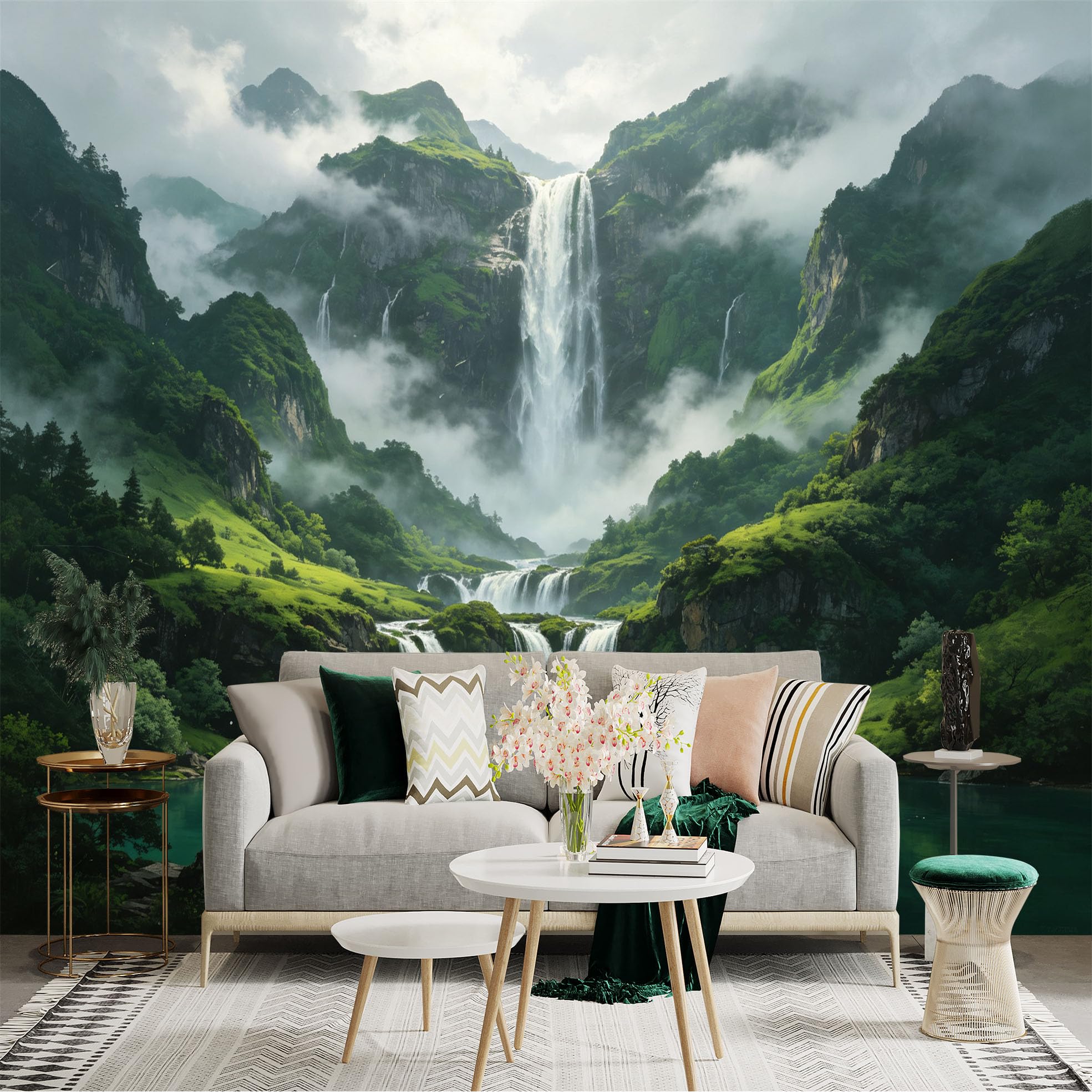 Custom Size Wall Sticker Mural， Majestic Waterfall in Misty Green Mountains， Tropical Nature Landscape， for wall Decoration， peelandstick wall Decals.
