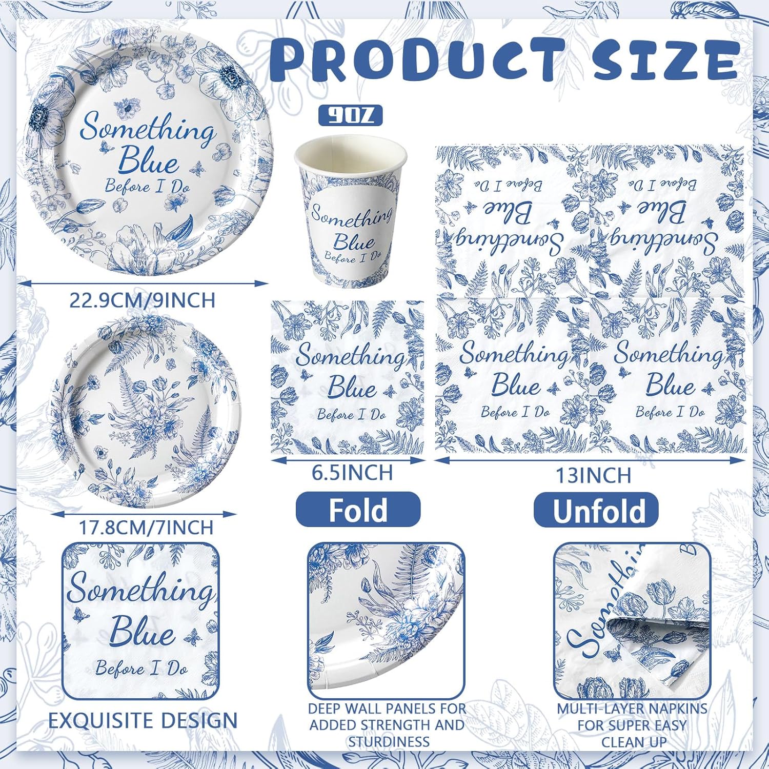 Zhehao 250 Pcs Something Blue Bridal Shower Plates Napkins Sets 50 Pcs 9'' Dinner Plates and 7'' Dessert Plate and 9oz Cups 100 Napkins Serves 50 Party Supplies Bridal Shower Engagement Decoration
