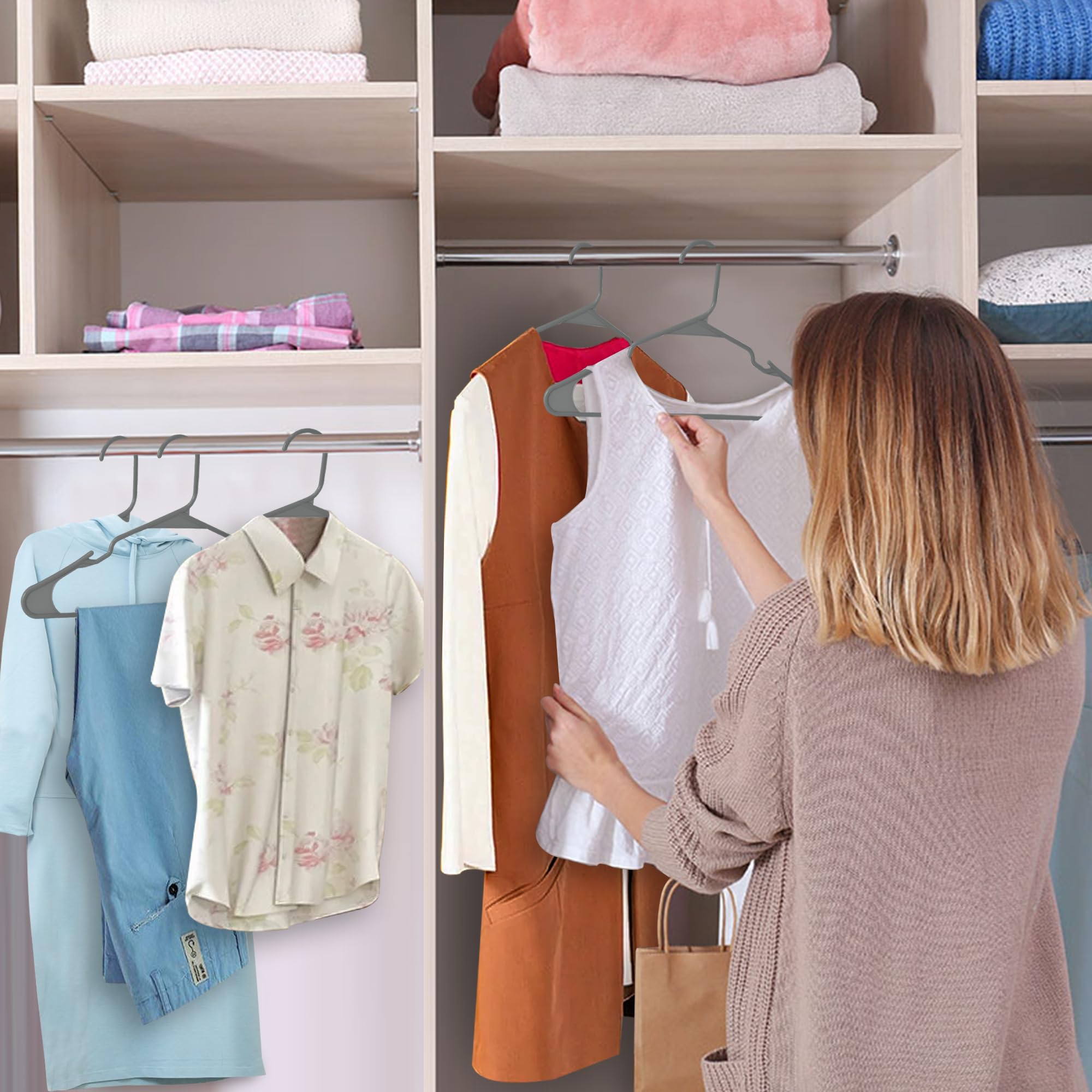 LDC Grey Plastic Hangers 100 Pack - Perchas para Colgar Ropa - Heavy Duty, Space Saving Coat Hanger with Shoulder Grooves