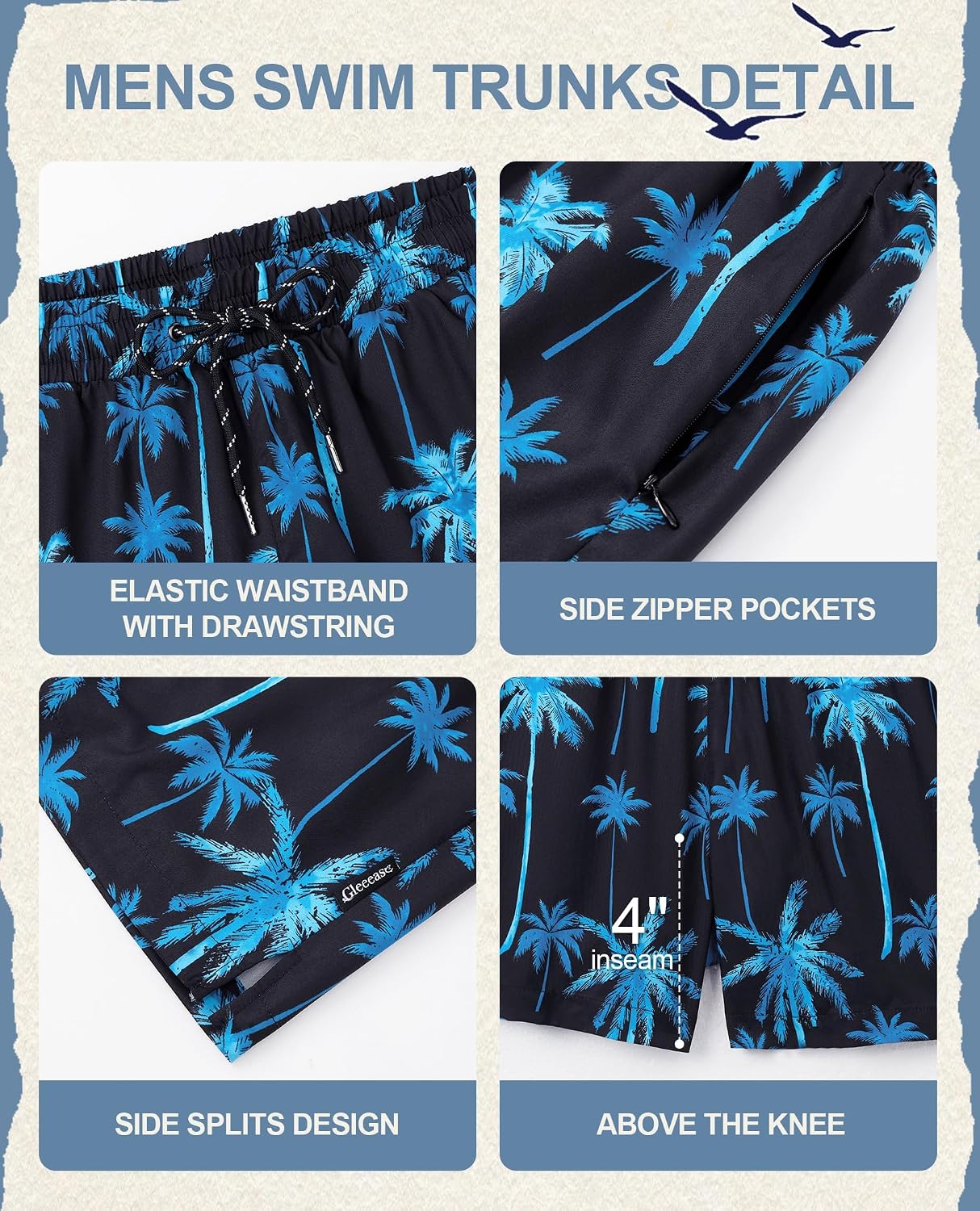 Gleeease 4.5 inch Mens Swim Trunks with Compression Liner Bathing Suit 2 in 1 Drawstring Quick Dry Stretch Lined Pocket Beach