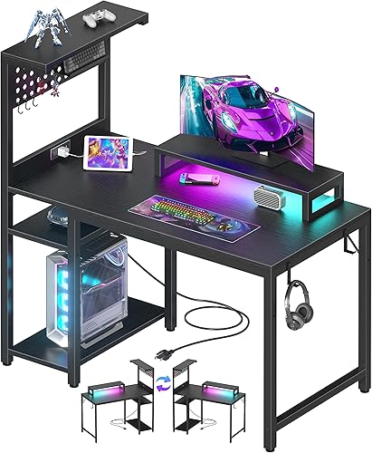 Escritorio pequeño para juegos de 40 pulgadas con estantes de tablero de clavijas, escritorios para computadora con luces LED, tomas de corriente,