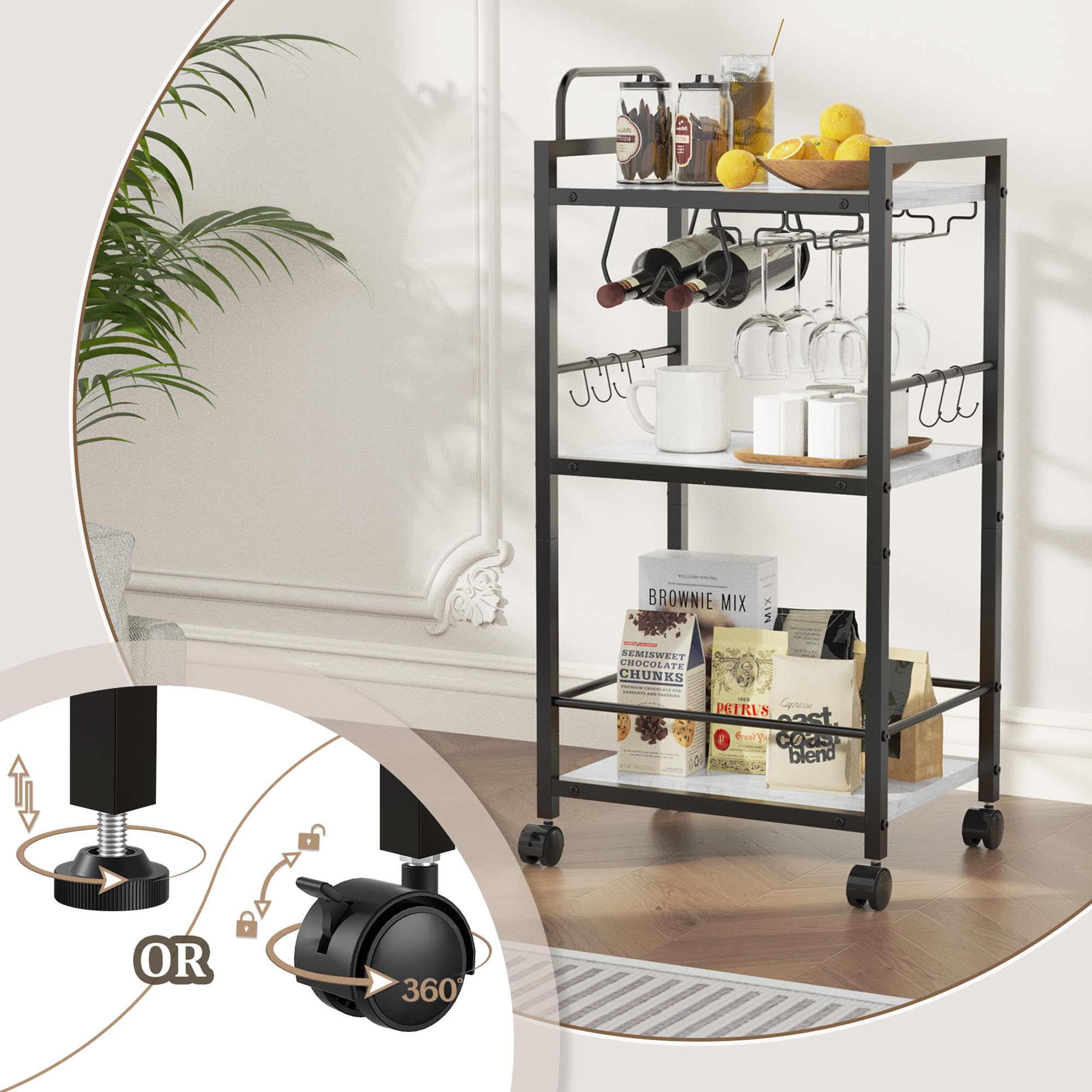 Barwagen für Zuhause, 3-stöckige Küchenwagen mit Rollen, kleiner Rollwagen mit Glashaltern, Weinregal, Mini-Barwagen für Küche, Esszimmer, Wohnzimmer, 33 x 43 x 84 cm (T x B x H), Marmorweiß