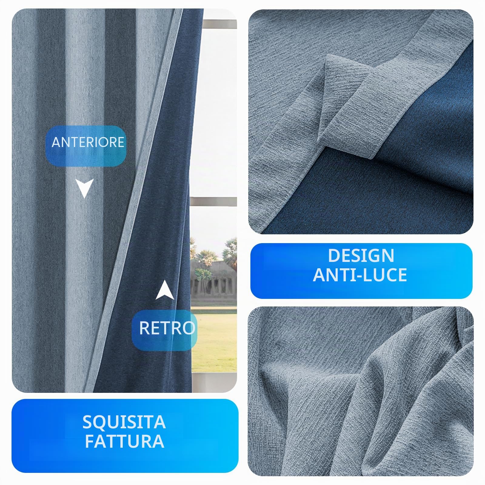 Tende Per Interni Finto Lino 2 Pezzi, 140x280cm, Tenda Termica Isolante Freddo E Caldo Moderne, Tende Oscuranti, Tenda Oscurante Da Interno Con Anelli, Per Soggiorno Camera, Blu