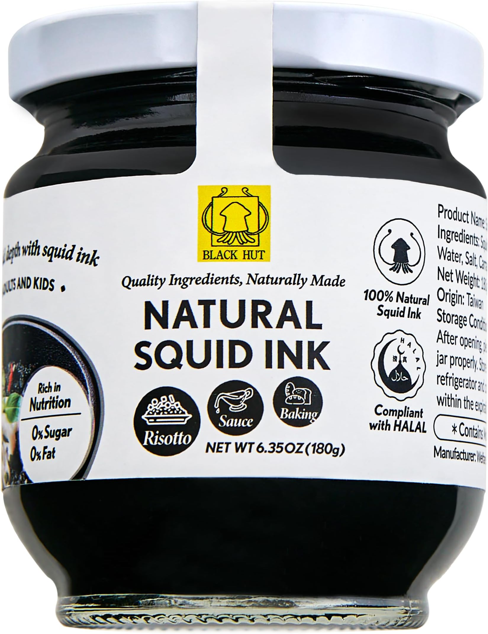 (6.4OZ / 180g) Black Hut Squid Ink for Cooking, Squid Ink Pasta, Black Food Coloring, Tinta Calamari for Rice Noodles Spaghetti Risotto Pizza, Cuttlefish Ink for Baking mix, Halal Certificate, Contains Molluscs