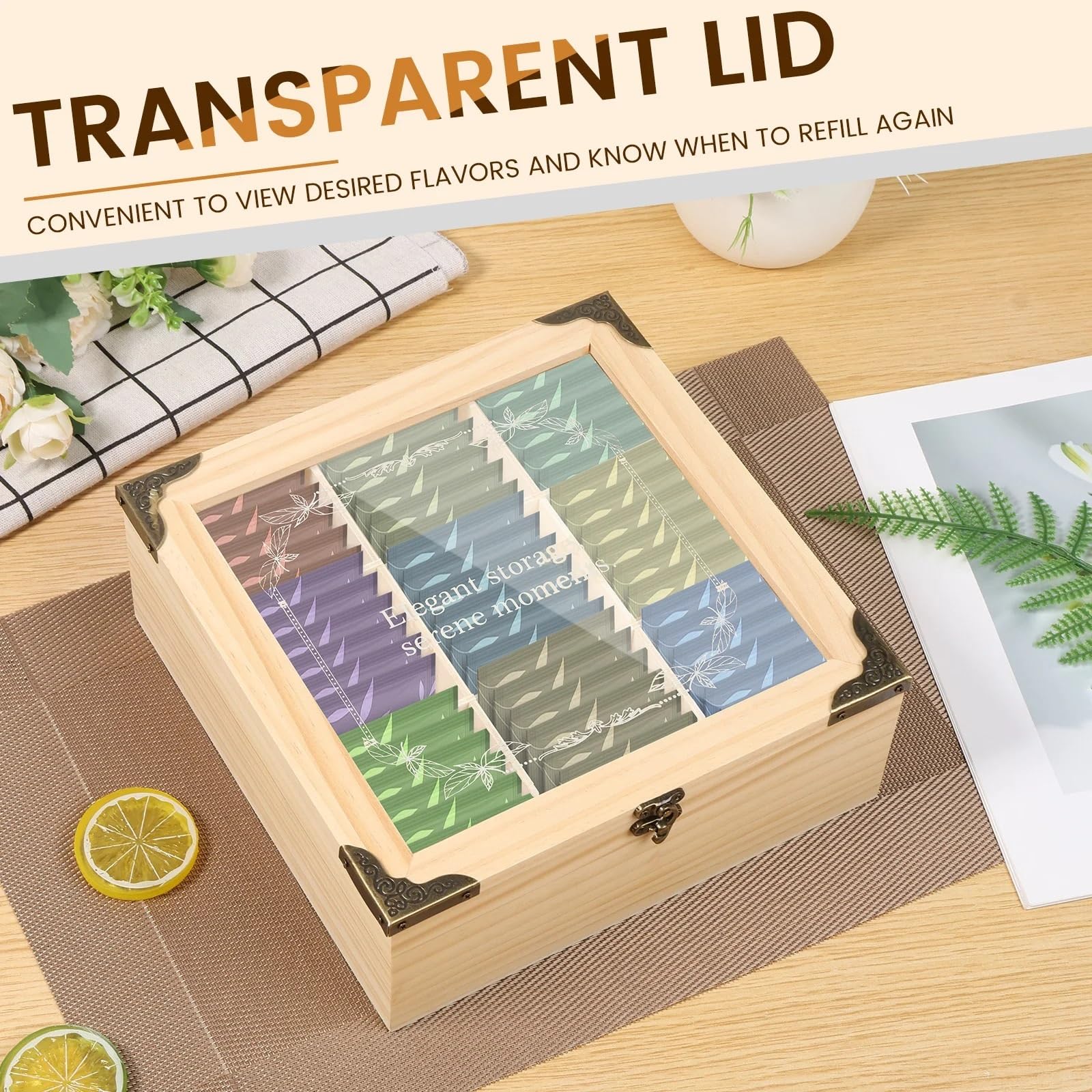 Caja de almacenamiento bolsitas té con tapa transparente | Organizador de café que clasifica los suministros de azúcar de fácil acceso(24x24x9cm)