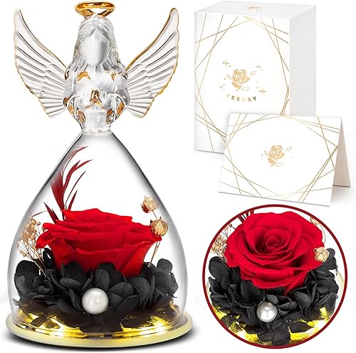 Miniatura 1 de YEEBAY Regalo de flores preservadas para mamá, abuela, figura de ángel con rosa y luz, ideal para cumpleaños, día de la madre, día de San Valentín,