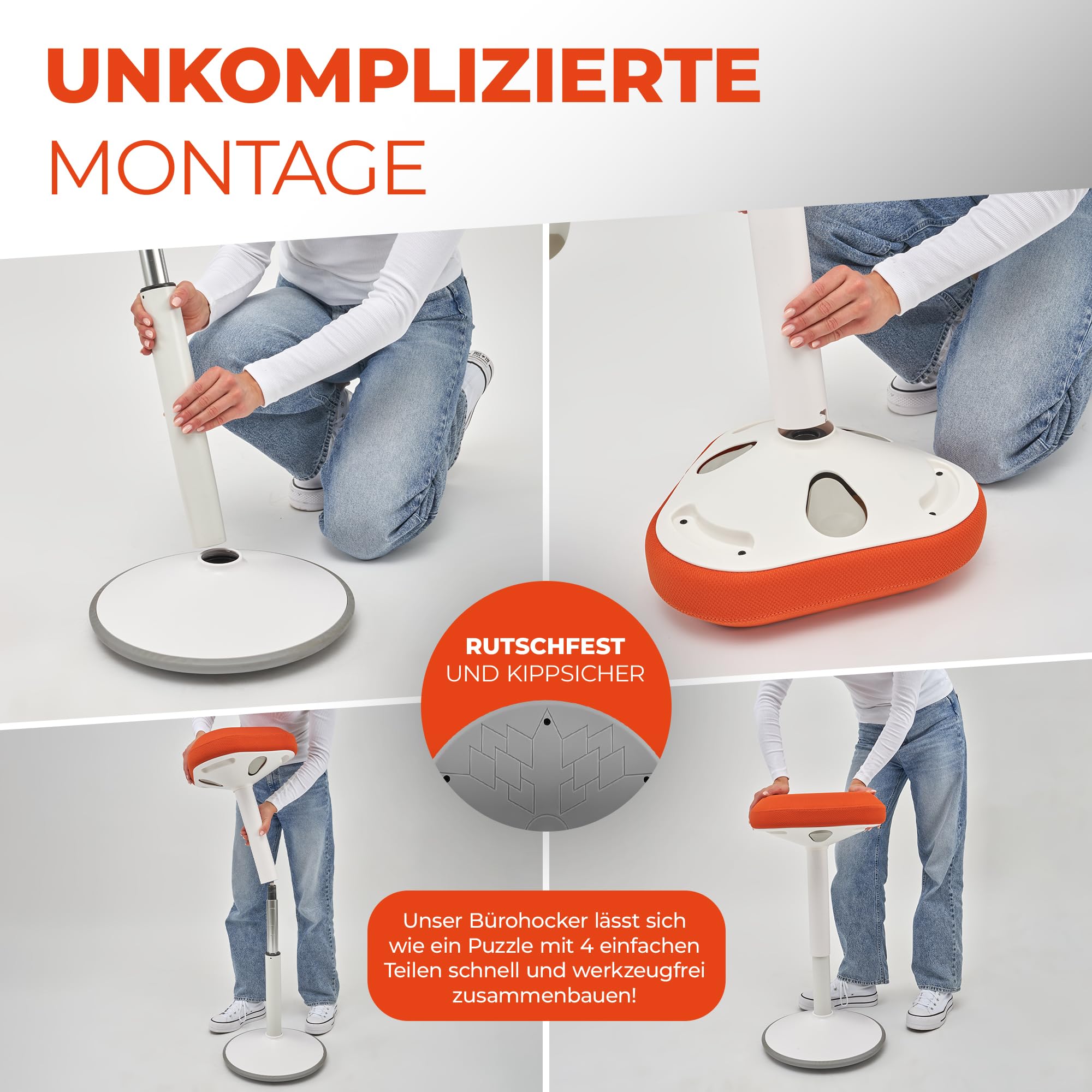 SMART-Sitzen: Bürohocker [PREMIUM QUALITÄT] Sitzhocker ergonomisch für Arbeit & Freizeit|Ergonomischer Hocker höhenverstellbar|Schwingeffekt [rutschfest] Stehhocker|Hocker für Homeoffice (Orange)