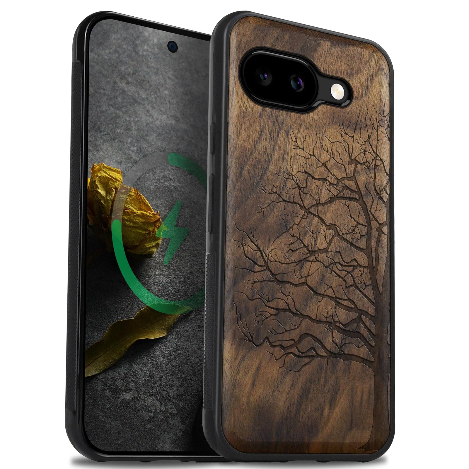 Carveit Magnetic Wooden Case for Google Pixel 9a Case, Wood Artisan Engraved & Soft TPU Shockproof Cover, Compatible with MagSafe Wireless Chargers (