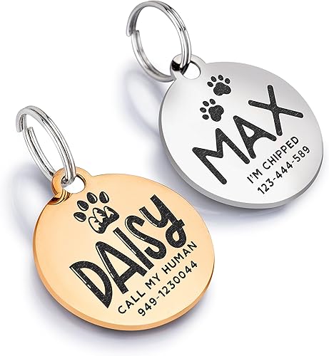 Placa de identificación de perro grabada de acero inoxidable, 5 formas y 4 colores, grabada en ambos lados, presonalizada con 10 iconos opcionales,