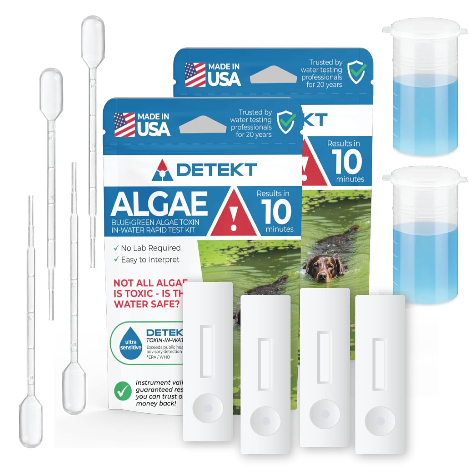 #1 Blue-Green Algae Toxin Test Kit for Ponds, Lakes & Water Safety By Detekt – 2 Tests Included – On-Site Testing 10-Minute Results – No Lab Required – Made in USA