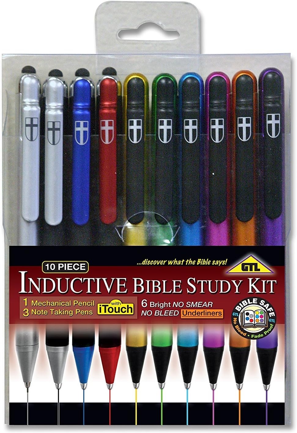 10 Piece Inductive Bible Study Pen/Pencil Set | No Smearing or Fading | Cross Imprint | No Bleed Pigmented Ink Black, Blue, Red, Yellow, Green, Pink, Orange, Violet