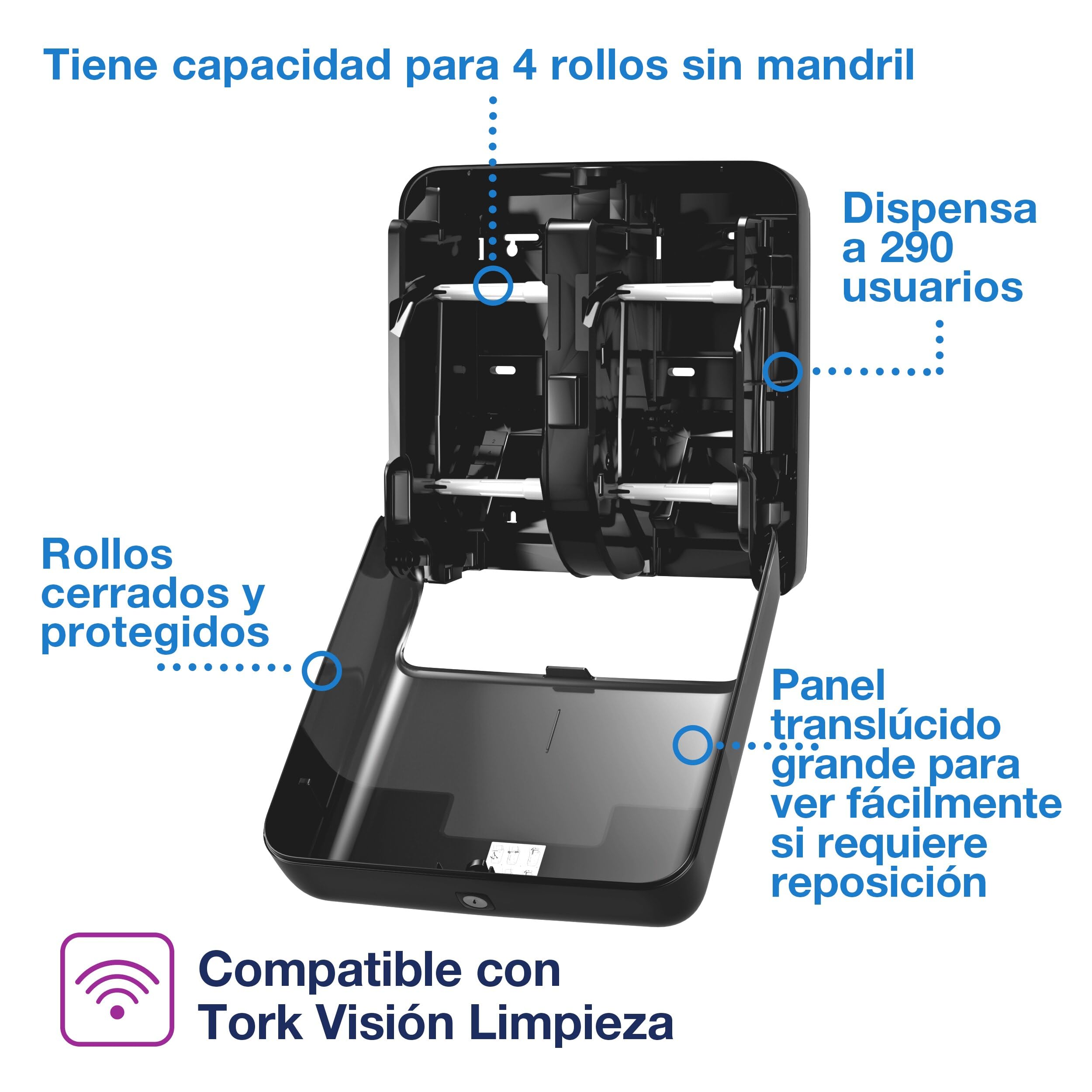 Tork OptiServe Dispensador para Cuatro Rollos de Papel Higiénico sin Mandril Negro T7, Dispensador Vertical, Línea Elevation, 558052