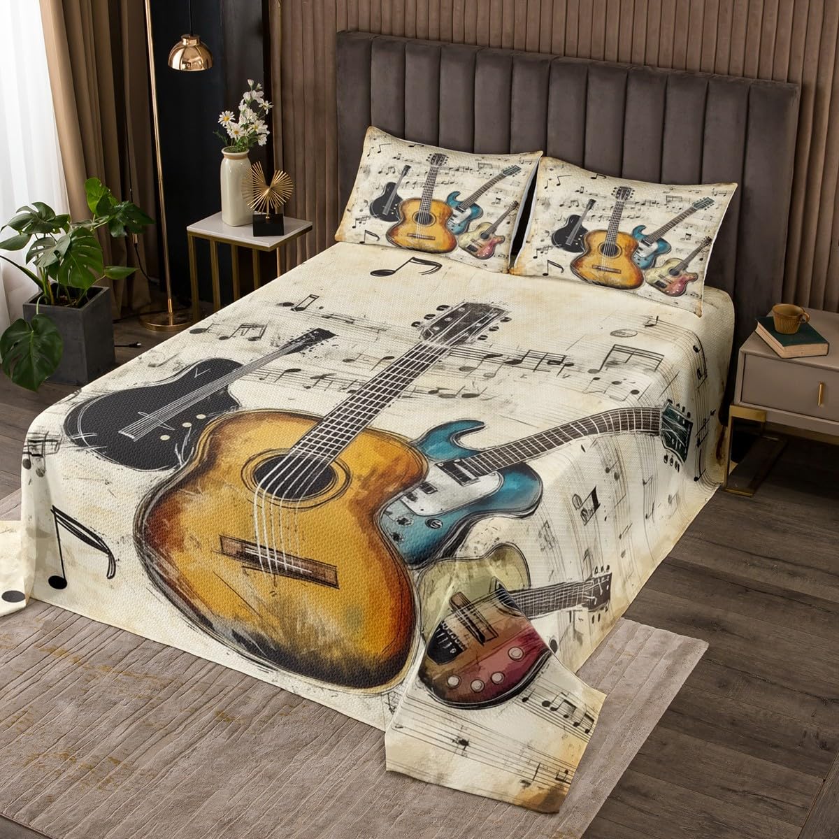 Retro Guitar Bedspread Twin Size,Music Note Hip Hop Bedding Set for Kids Boys Girls Room Decor,Rustic Style Musical Theme Coverlet Set 2Pcs,Disco Country Music Vintage Quilt,1 Pillowcase