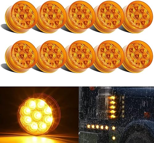 BROVIEW 10 luces LED redondas ámbar de 2 pulgadas, luces de marcado para remolque, 2 pulgadas, 9 luces LED redondas para camión, RV con reflectores,