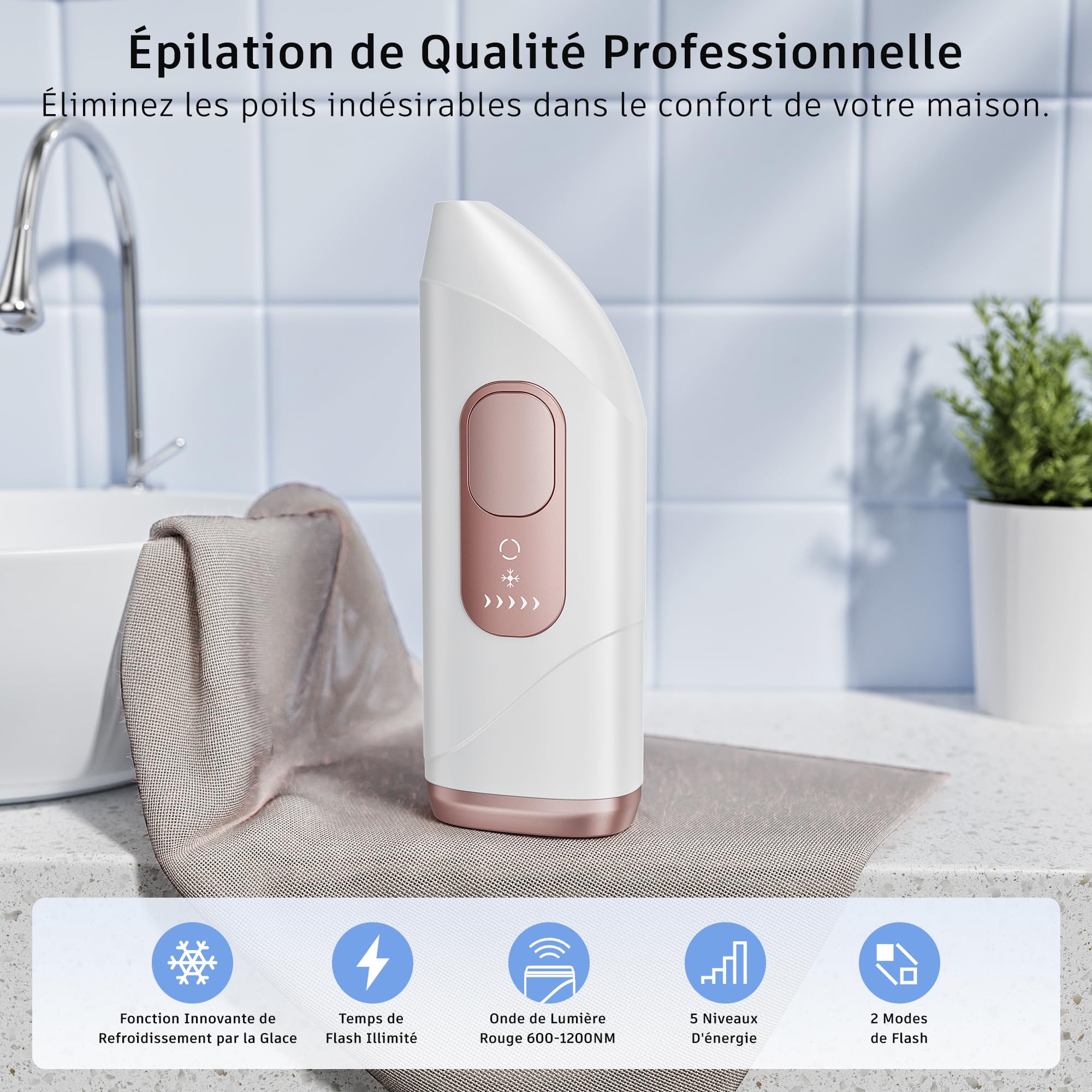 IPL Épilateur Lumière Pulsée avec Fonction de Refroidissement, Épilateur Laser pour Flashs illimités, 5 Niveaux D'énergie, Épilation Lumière Pulsée pour Femmes et Hommes, Aisselles Jambes Bikini Line