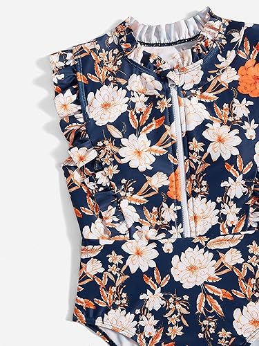 Miniatura 4 de OYOANGLE Traje de baño de una pieza con estampado floral bohemio y cremallera frontal y cuello alto para niña