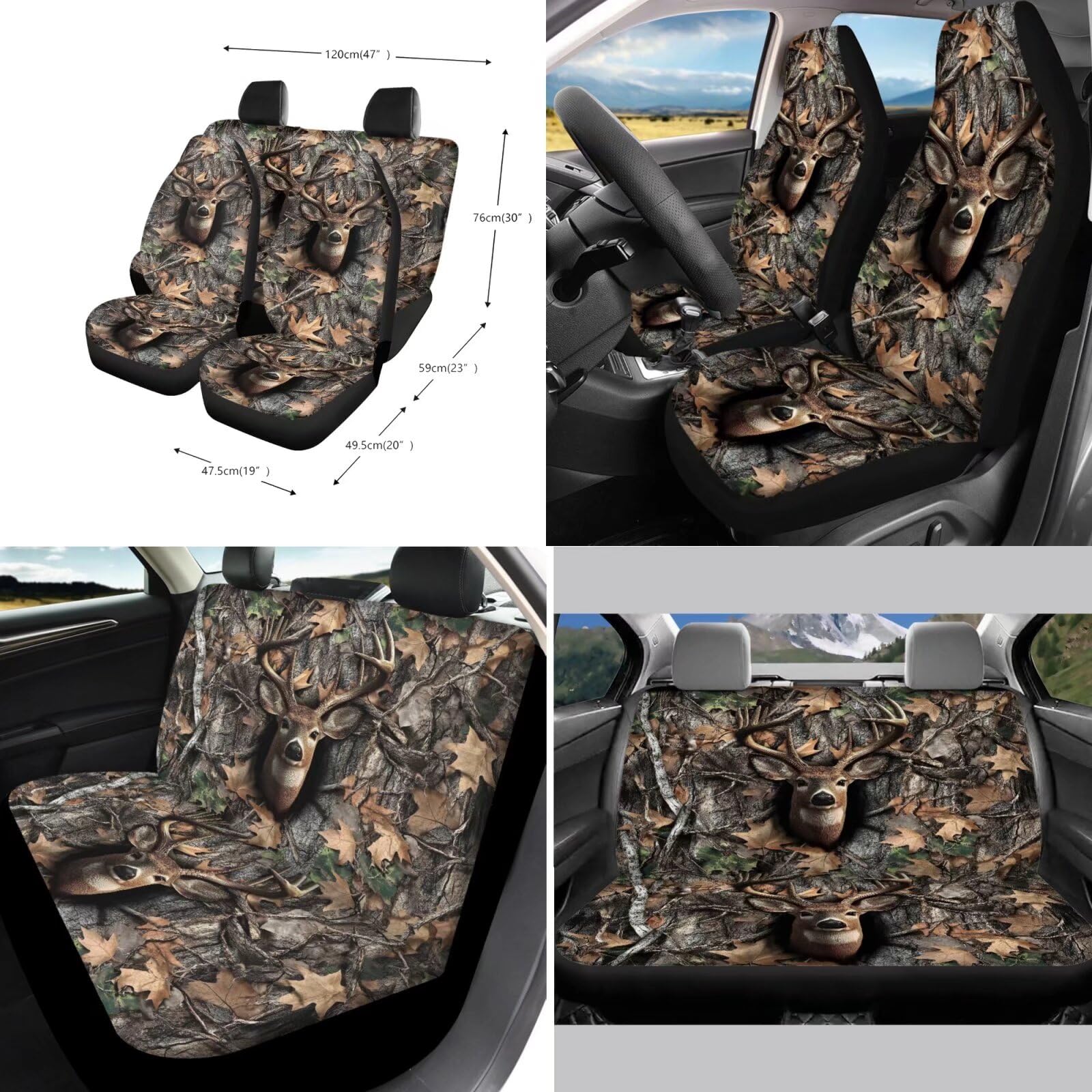 Xoenoiee Set completo di 11 coprisedili per auto, con stampa mimetica con alci, coprivolante, coprisedili anteriori e posteriori, imbottiture per cinture di sicurezza, sottobicchiere e portachiavi,