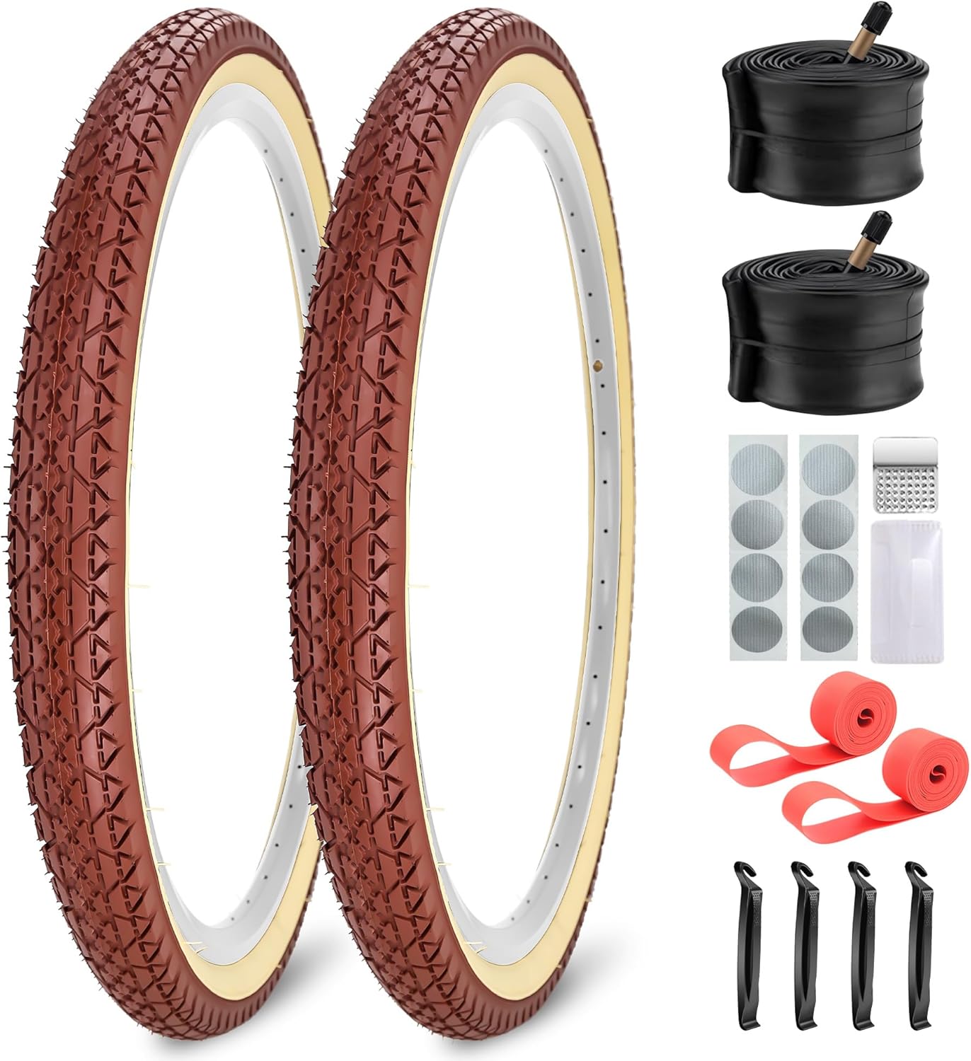 SIMEIQI 2 Pack 24”x2.125“ / 26“x2.125” / 26“x2.35” Inch Beach Cruiser Bike Tires and Tubes AV 32mm Brown Cream Wall with Rim Strips for Retro Beach Commuter Hybrid Bicycles