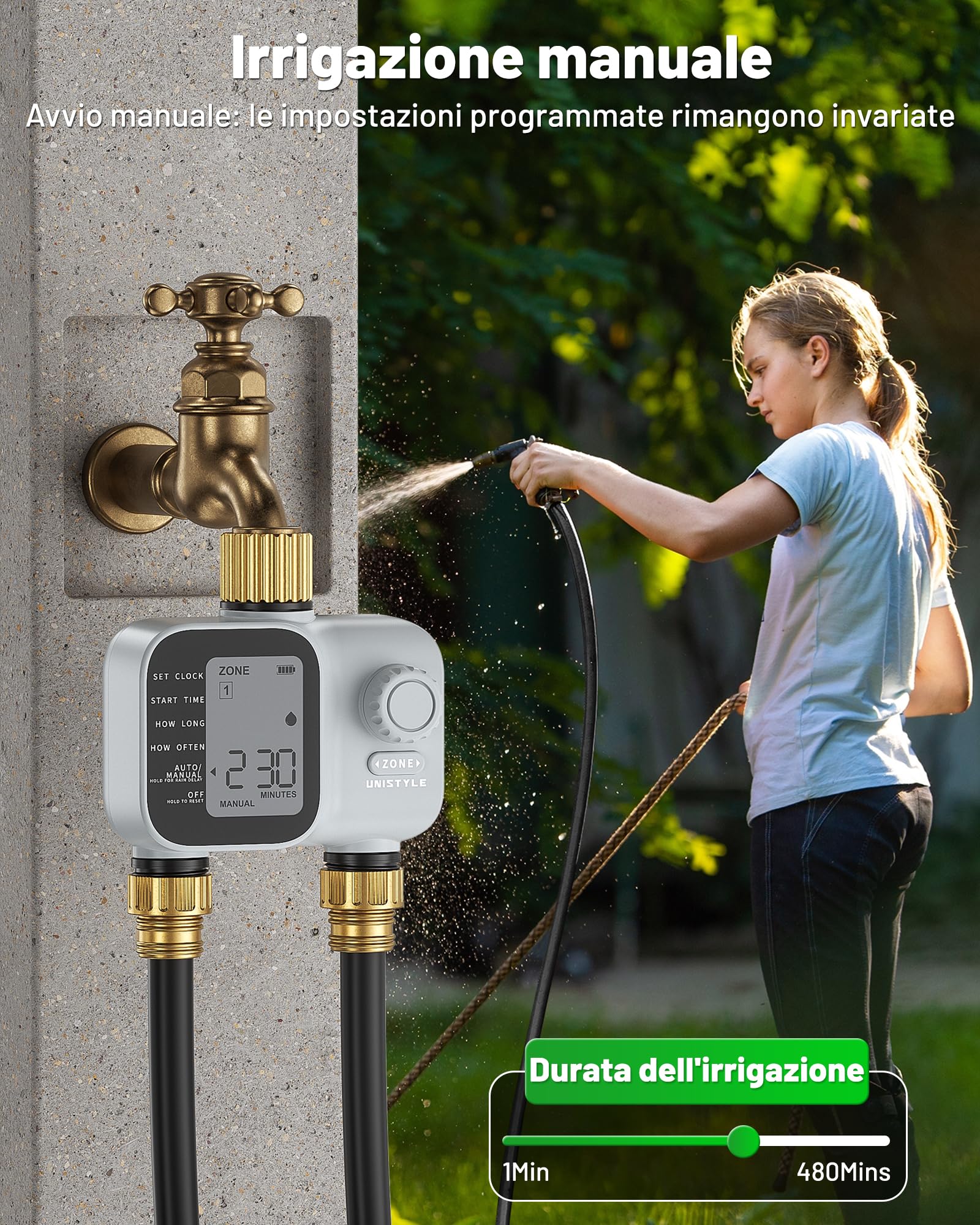 Unistyle Centralina Irrigazione 2 Vie | Nuovo modello 2026 – Timer Irrigazione Automatica del Giardino, Funzionamento Semplice e Intuitivo, Controllo preciso, Programmi di Irrigazione Flessibili