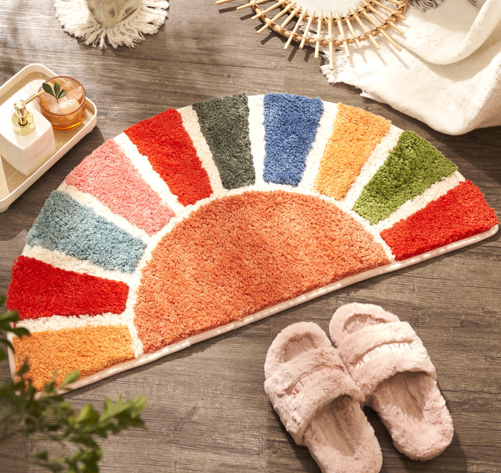 DyeFury Large Sunrise Boho Bathroom Rugs, Cute Half Circle Bath Mat, Colorful Sun Bath Mats, Retro Bohemian Bathroom Decor, Fun Semi Round Shower Rug Non-Slip, Aesthetic Washable Bath Rug 37