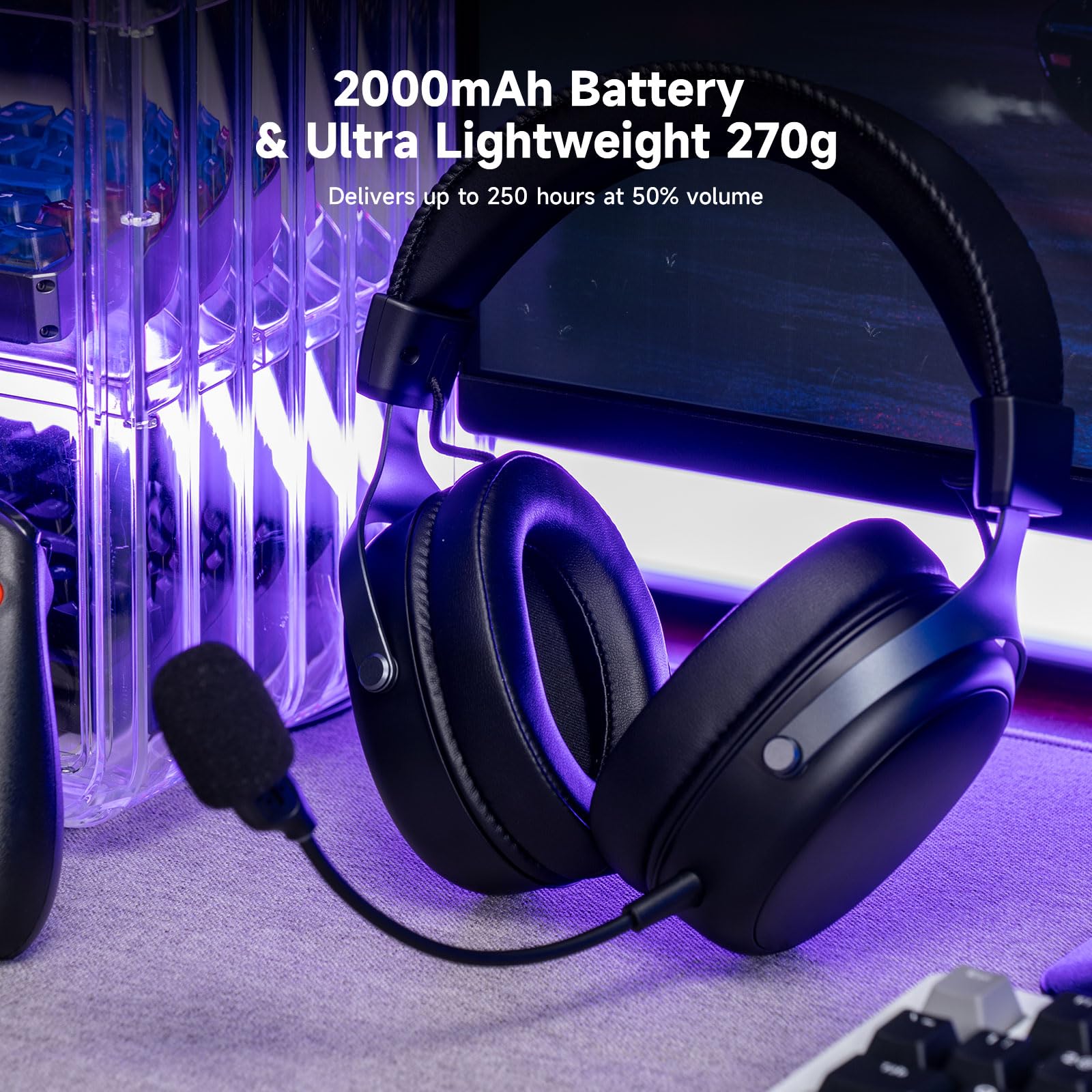 Akko Verge S9 Cuffie da gioco wireless, latenza ultra bassa, ultraleggere (270 g),driver da 53 mm,batteria da 250 ore, 2,4 GHz, Bluetooth, connettività cablata con microfono,per PS5, PS4 e PC- Nero