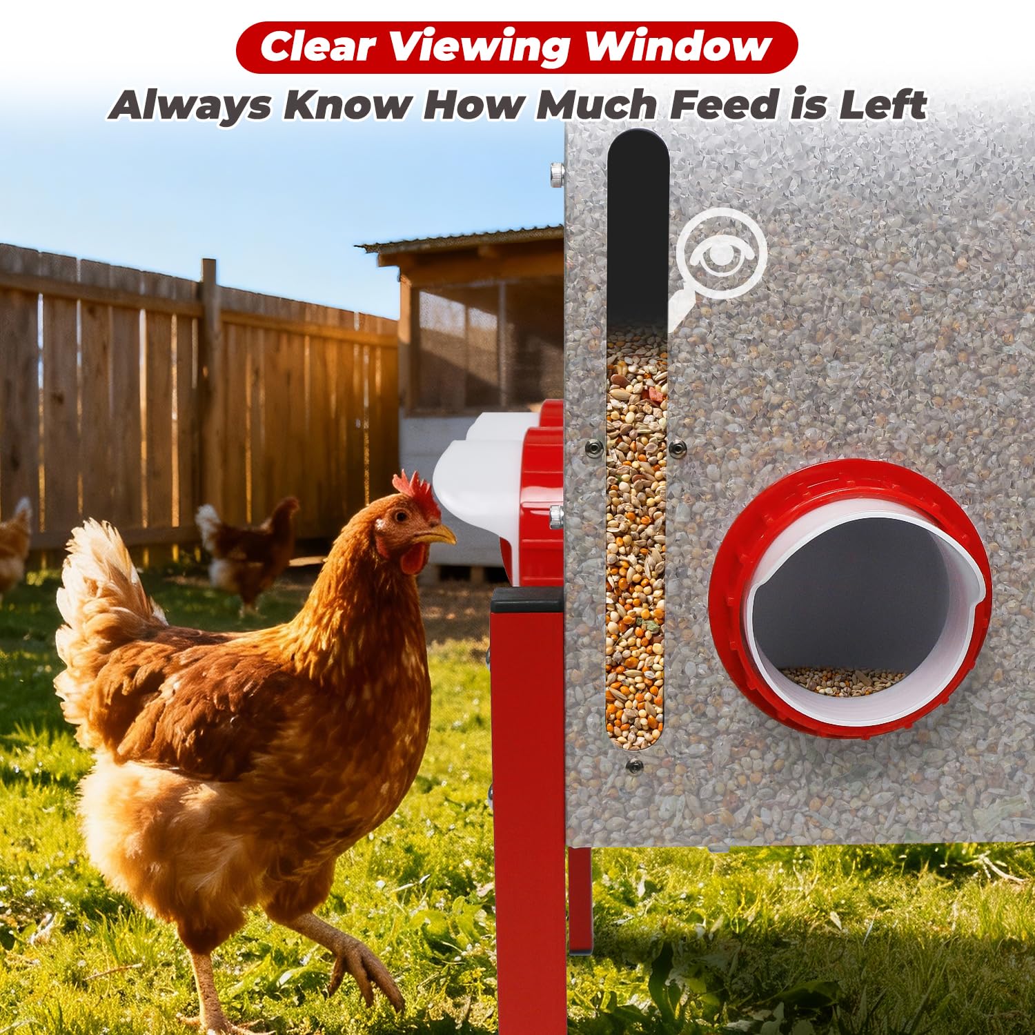 Comedero automático para pollos de 100 libras, gran capacidad, 12 puertos antiresiduos, comedero de metal para aves de corral con soporte de altura ajustable, caja de alimentación impermeable a prueba