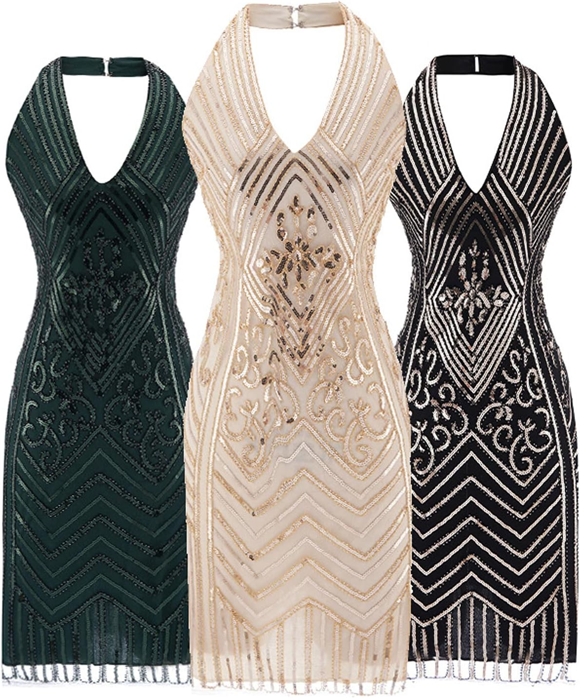 Abito Da Donna Stile Gatsby Anni '20 - Con Paillettes, Scollo A V, Frange, Per Feste E Serate Eleganti