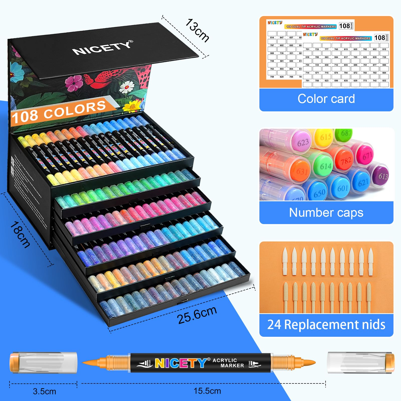 NICETY 108 Kolorów Markery Akrylowe – Dwustronne Pisaki z Cienką Końcówką 1mm i Pędzelkową 1–5mm – Do Kamieni, Drewna, Szkła, Tkanin i Ceramiki – Wodne Trwałe Markery