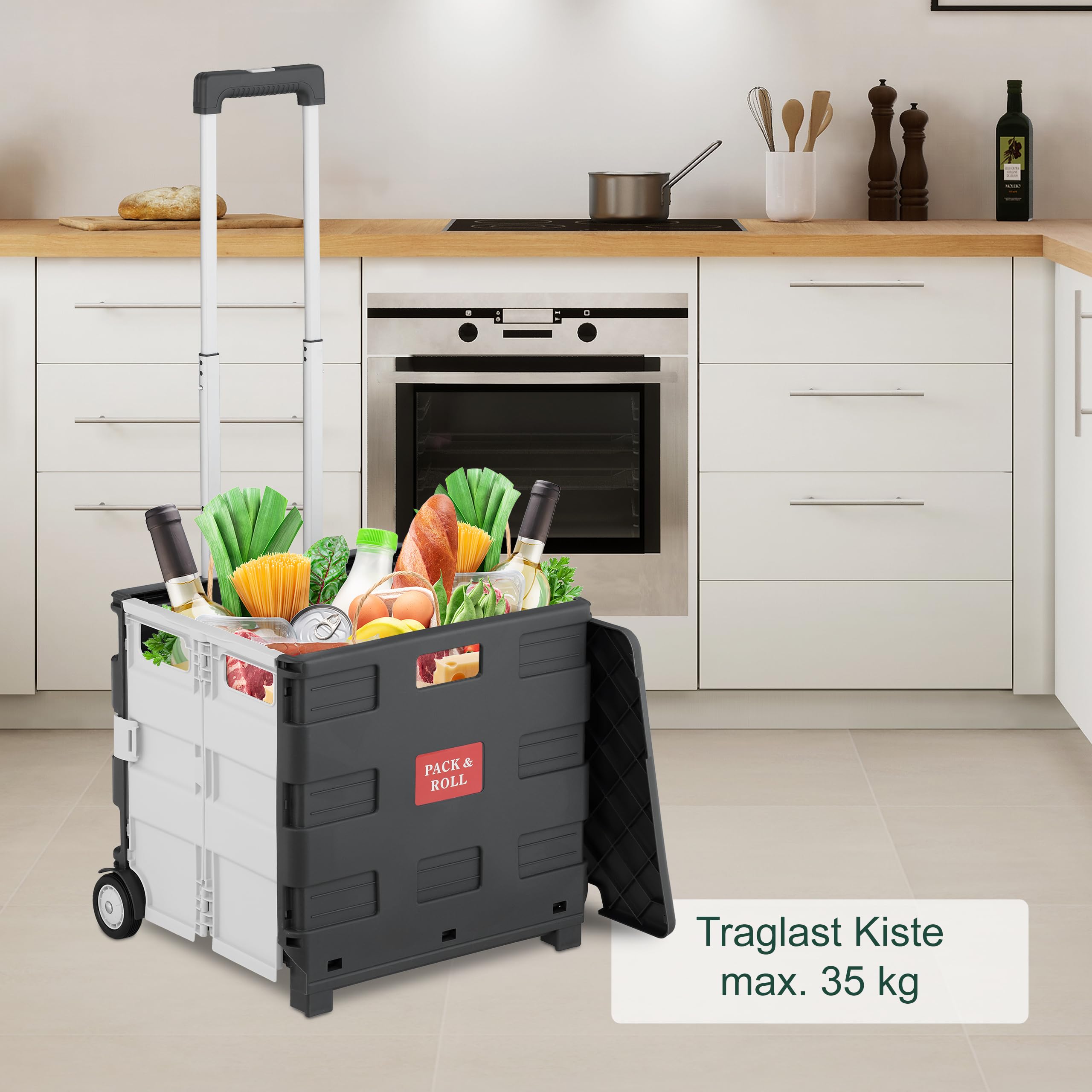 Relaxdays Einkaufstrolley, klappbar, Einkaufskorb mit Rollen, Deckel & Teleskopgriff, bis 35 kg, Rollkiste, weiß/grau