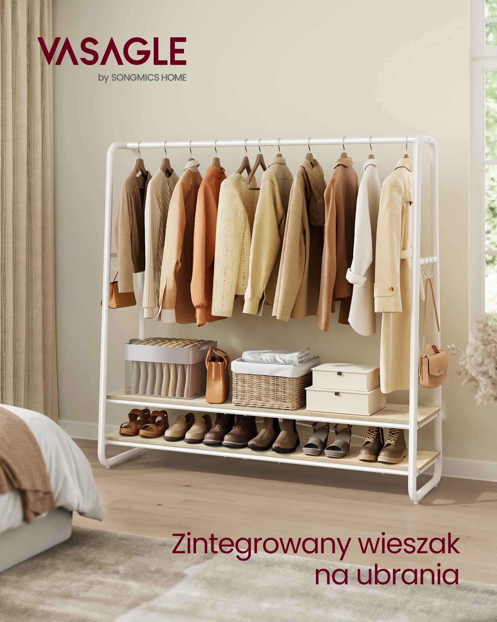 VASAGLE Wieszak na ubrania, wieszak na ubrania z 2 półkami, 6 haczyków w kształcie litery S, stalowa rama, do sypialni, naturalny beżowy i matowy biały RGR119W09