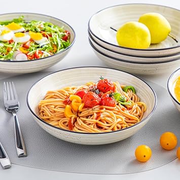 vancasso Bonbon Pasta Bowls Set of 6, 38 oz/1140 ml Ceramic Salad Bowls, Wide and Shallow Bowls Set, Large Soup Bowls Serving Bowls for Kitchen, Beige