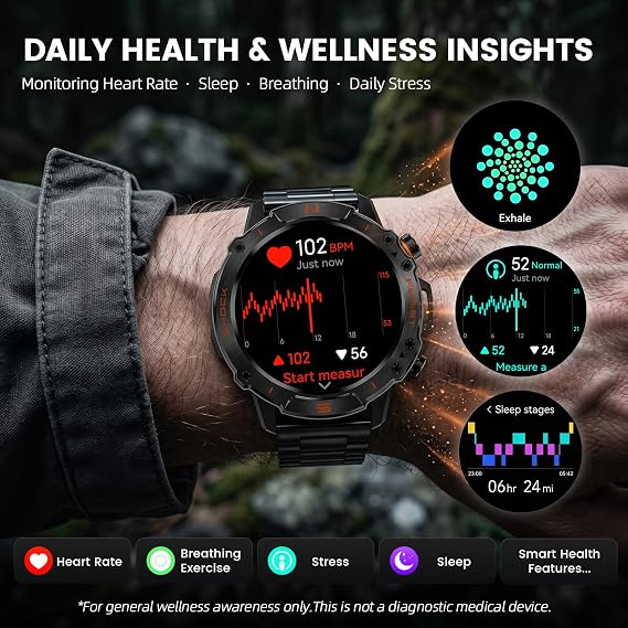 WalkerFit Erkekler için Akıllı Saat, 1,4 inç Yuvarlak AMOLED, Yüzmek için 5ATM Su Geçirmez, Nabız ve Uyku Monitörü, Uzun Pil, Açık Hava Etkinliği İzleyici, Ses Kontrolü ve Bluetooth Çağrısı, Android