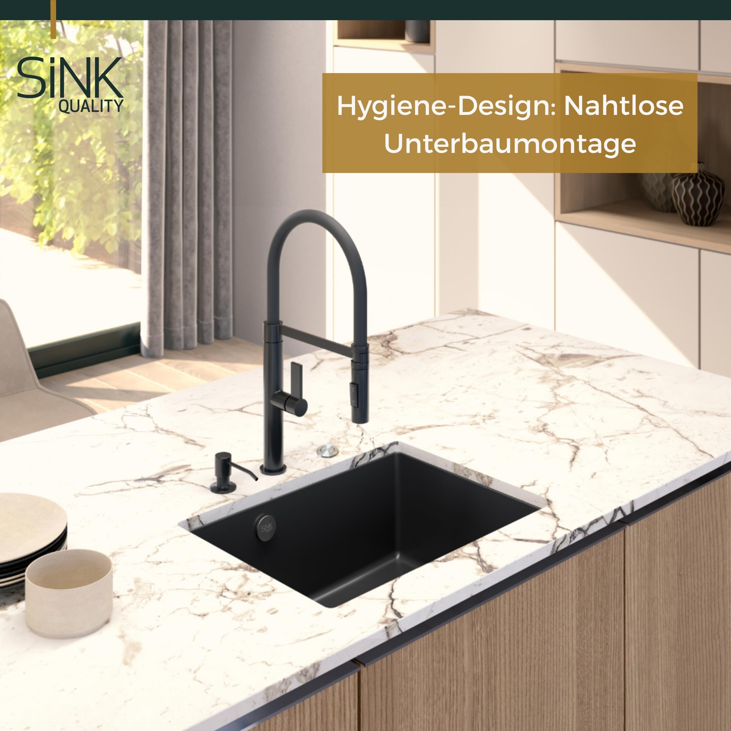 SINK QUALITY Unterbauspüle Beige 53x40 cm - Einbauspüle unterbündig inkl. Siphon & Imprägniermittel - Granit Küchenspüle für 60 cm Unterschrank - Kratzfestes Spülbecken