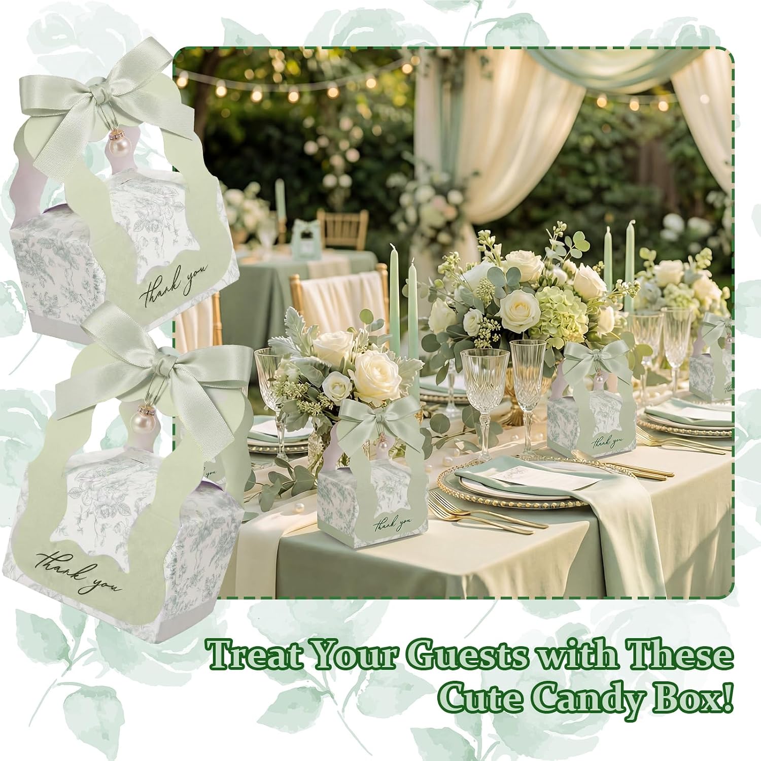 forrafun 100 sets floral wedding favor boxes with pearl pendant bow ribbon floral wedding party candy boxes bridal gift for guests bridal shower birthday party anniversary supplies (green) green 100