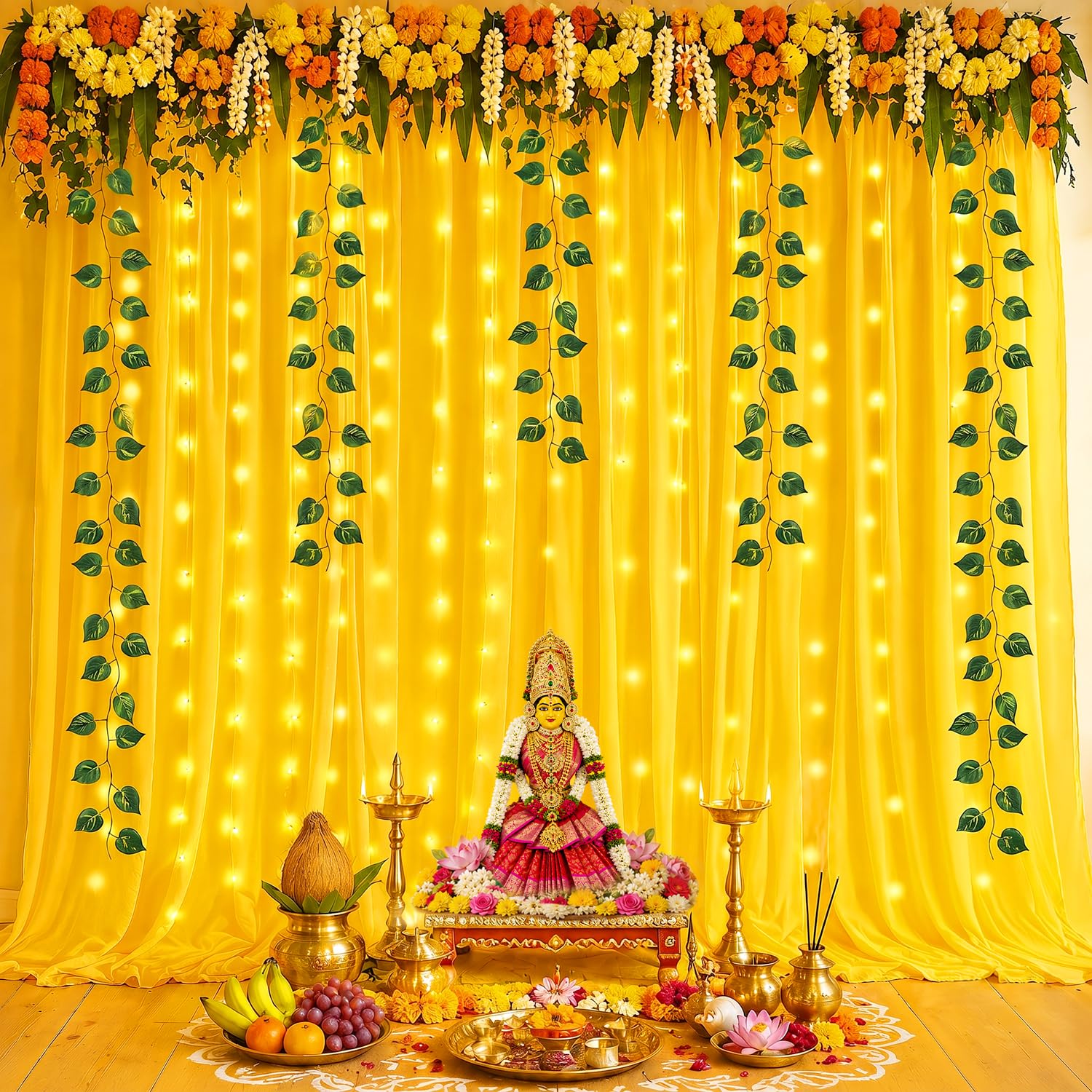 Party Propz Yellow Ganpati Decoration Backdrop - 8 Pcs Ganesh Chaturthi Decoration, Varamahalakshmi Decorative Items, Haldi Decorations Items, Backdrop Cloth for Decorations Pooja (Net Curtain) 3